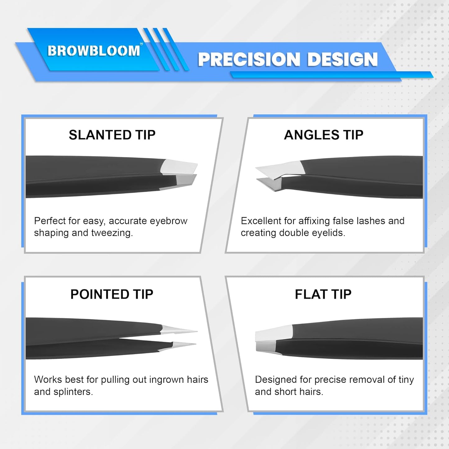 Professional Tweezers Set - 4-Piece Black Stainless Steel Precision Tweezers for Facial Hair & Eyebrows | Includes Carrying Pouch