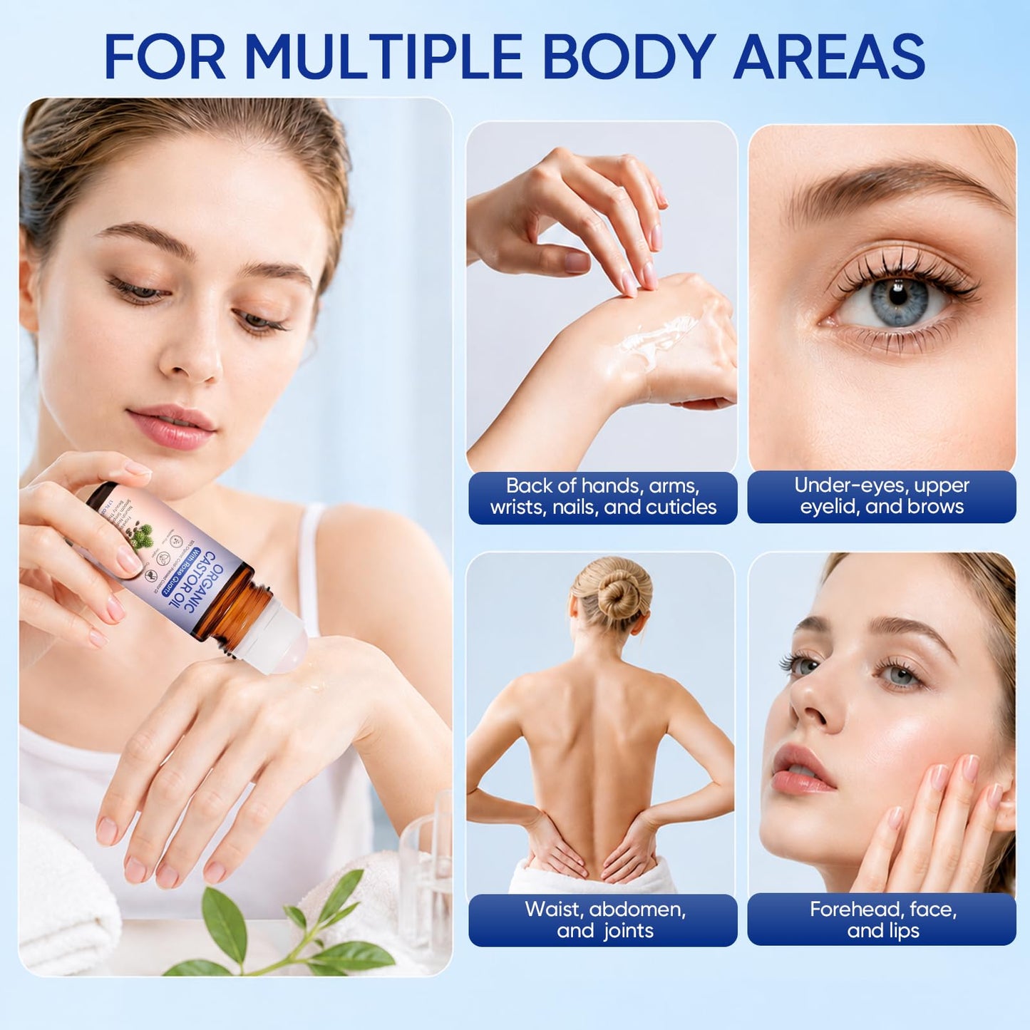 PlocoXe Castor Oil Rose Quartz Roller Ball, 100% Cold Pressed Hexane Free Organic Castor Oil Roll On for Face, Skin, Eyebrows & Eyelashes, Moisturizing Beauty Oil, 1.7 Fl Oz (50mL)