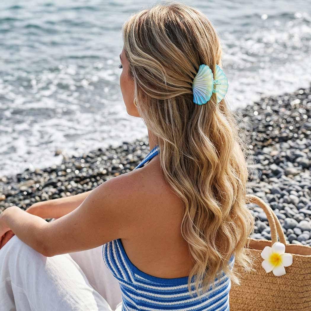 Seashell Hair Clips - Acrylic Claw Clips for Beachy Styles | Mermaid Hair Accessories (Blue, 2 Pieces)