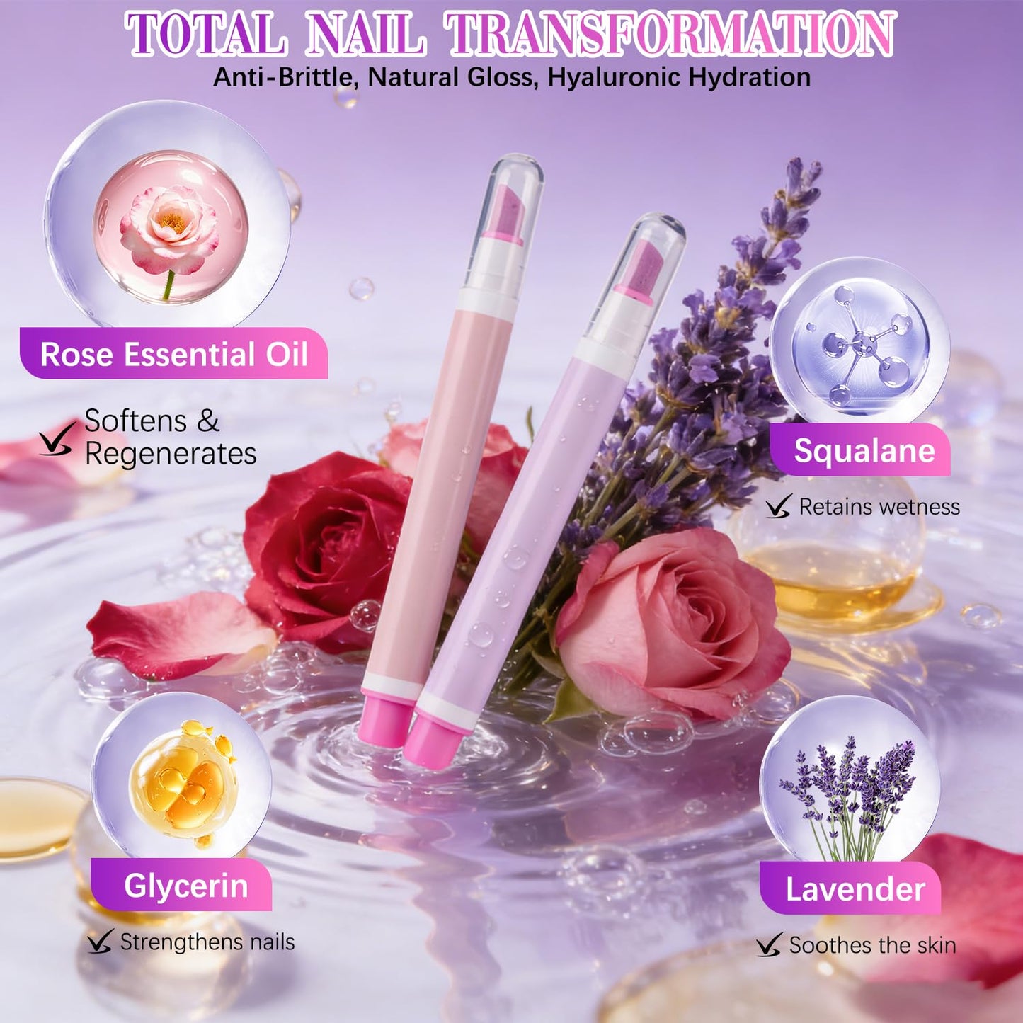 2-Pack Cuticle Oil Pusher Pen Set - Ceramic Nail Care Tools for Moisturizing & Nourishing Manicures | Rose & Lavender Scents