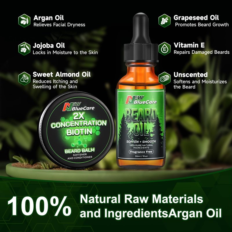 NEWBLUECARE Beard Oil and Beard Balm for Men - Beard Growth Kit for Beard Soften and Moisture - Natural & Organic Jojoba, Argan, Shea Butter - Beard Care Kit for Dad, Husband, Boyfriend, Green