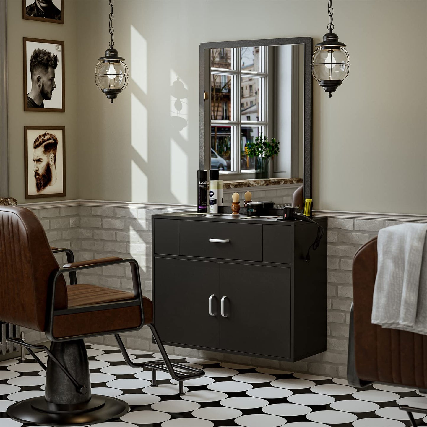 Belandi Wall Mount Salon Station Barber Stations Styling Station with Mirror Drawer Storage Cabinet Spa Salon Equipment(Black)