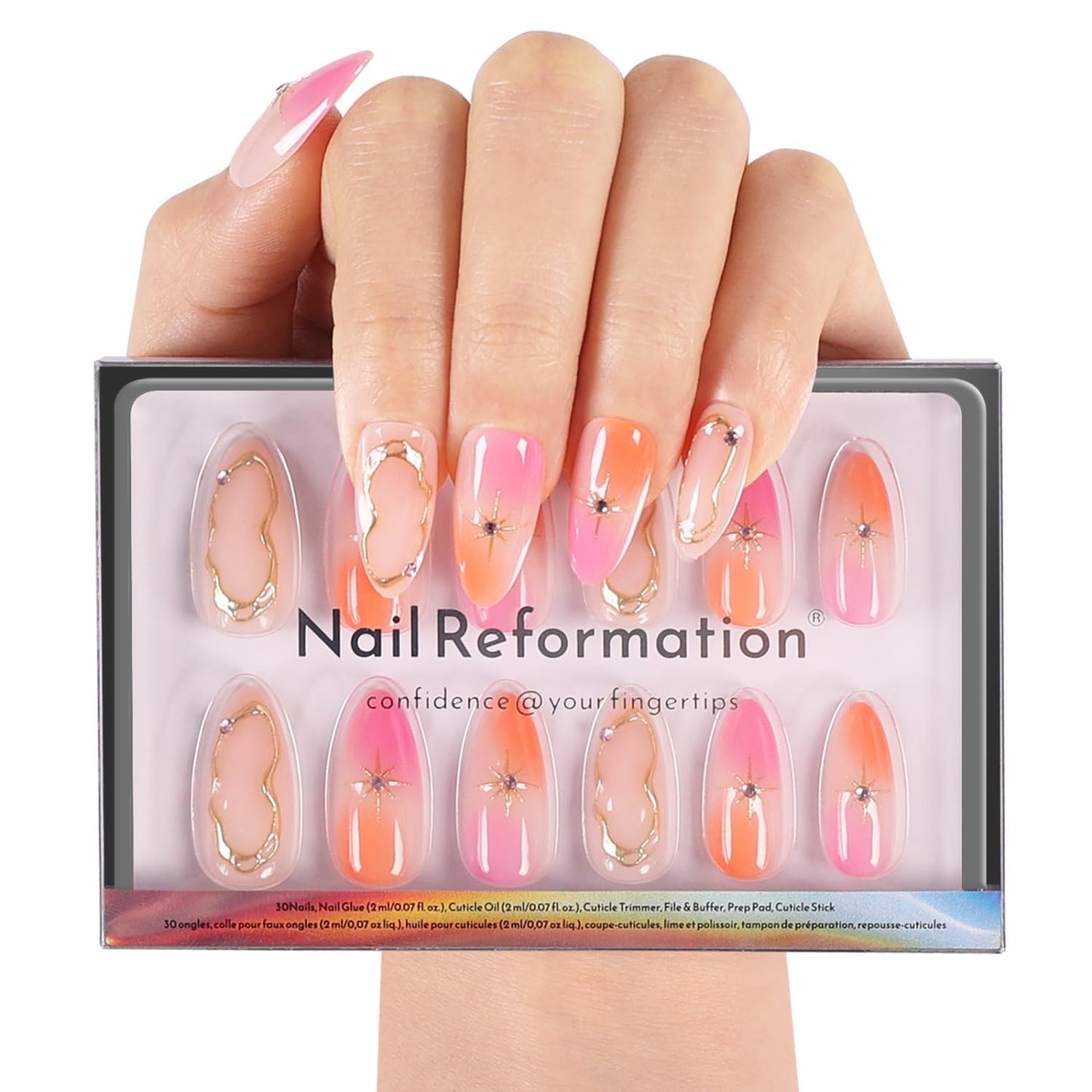 Press On Nails - Tropic Tide Sunset Orange to Deep Purple | Medium Almond Shape with 3D Floral Accents - Reusable 30-Piece Set in 15 Sizes