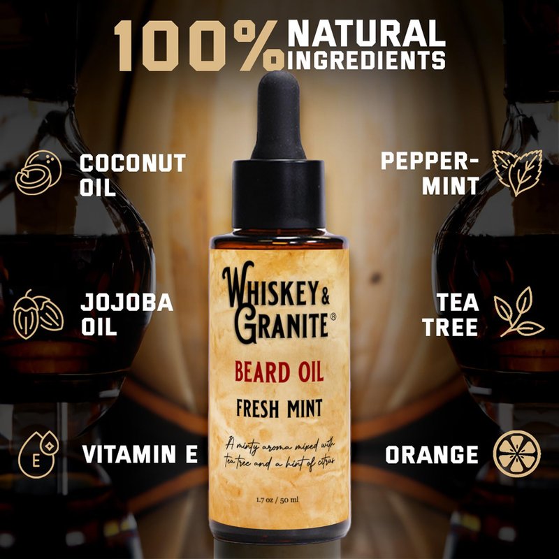 Whiskey & Granite Beard Oil – Made in USA - 100% Natural Beard Conditioner, 1.7 oz (Fresh Mint)