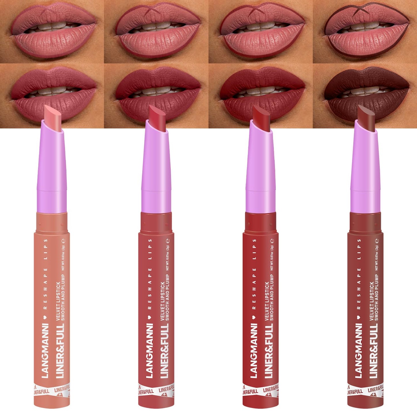 Langmanni Velvet Matte Lipstick Set - 8Pcs 2-in-1 Lip Liner & Full-Size Lipstick | Unique Teardrop Shape Gift for Women