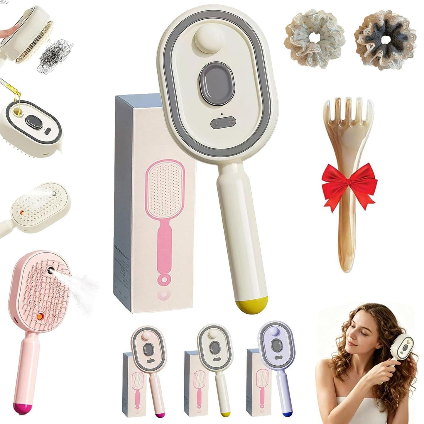5 in 1 Air Cushion Hair Brush, Electric Spray Massage Comb, Preventing Drying and Tangling, Anti-Static Detangling Steaming Brush, for Curly, Straight, Thick, Thin, Long or Short Hair (Beige)