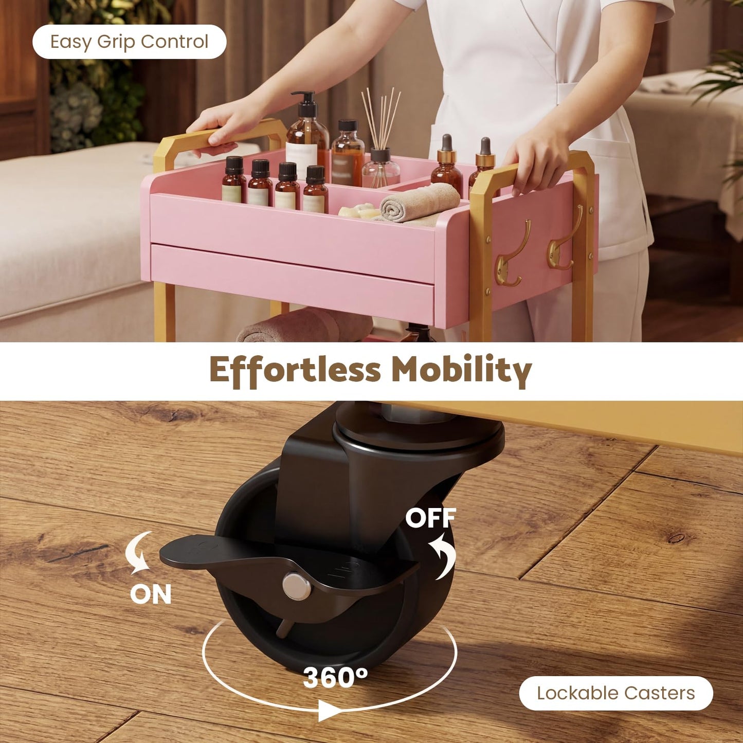 Salon Spa Cart with Wheels & Drawer, 3-Tier Rolling Beauty Storage Cart with Slide-Out Tray, Mobile Salon Cart for Esthetician, Beauty Salon and Spa Use (Pink)
