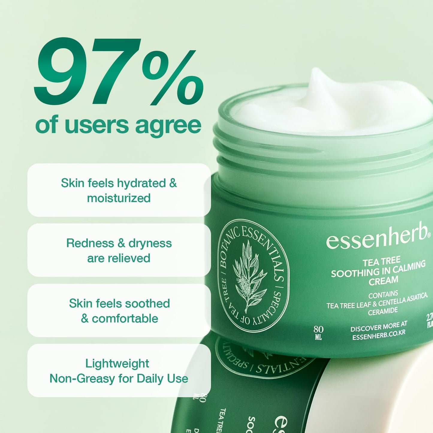 ESSENHERB Tea Tree Calming Cream for Acne-Prone & Sensitive Skin | Soothing & Blemish Care with Cica, Madecassoside & Panthenol | Korean Skincare 2.70 fl oz