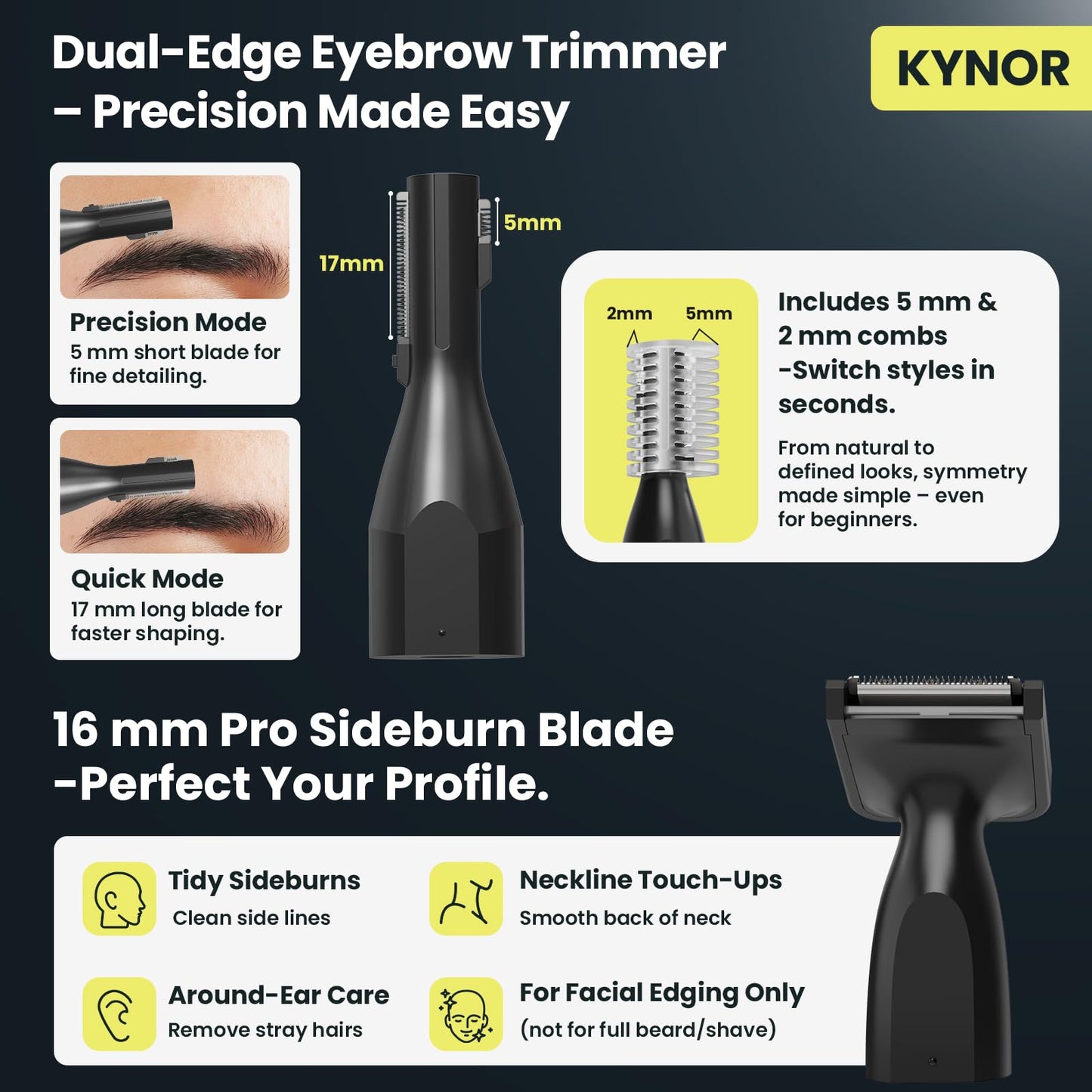 Kynor 3-in-1 Nose Hair Trimmer for Men & Women – Electric Ear and Nose Hair Trimmer, Eyebrow Trimmer, USB-C Rechargeable Facial Hair Removal Device, Stainless Steel Blades, Digital LED Display
