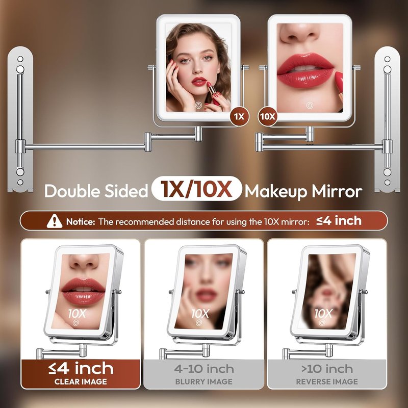Height Adjustable Makeup Mirror - Lighted 10X Magnifying Design | 7in Slide Rail & 360° Extended Arm