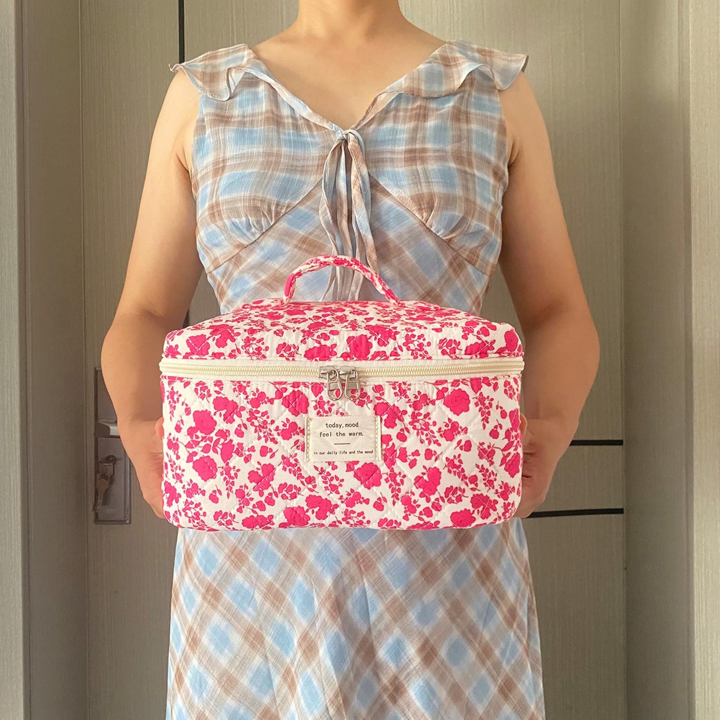 WYJ Rose Red Large Quilted Floral Makeup Bag Cute Soft Coquette Aesthetic Cosmetic Bag Cotton Travel Toiletry Bag for Women