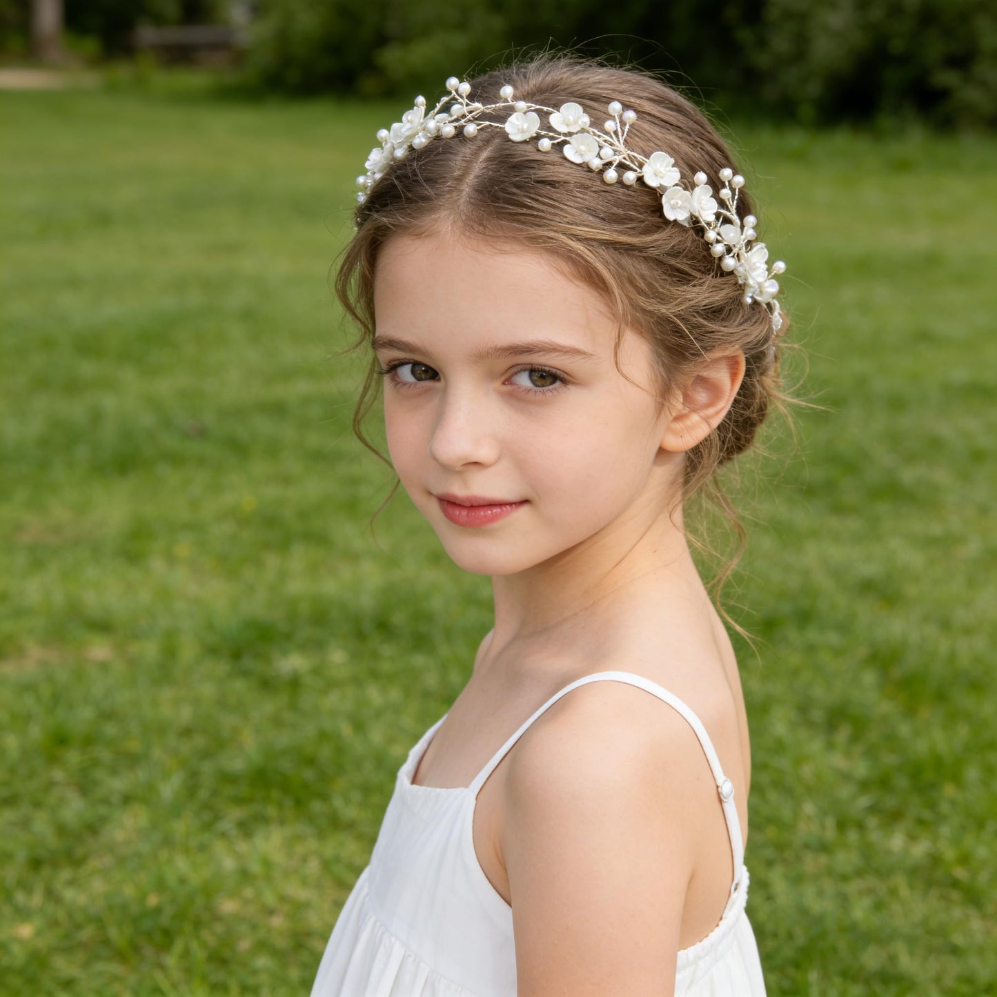 527&huan White Flowers Pearls Bridal Headband, Handmade Silver Wire Woven Wedding Hair Vine with Satin Ribbon, Lightweight Wedding Hair Accessory for Bride Flower Girl Bridesmaid Prom Pageant