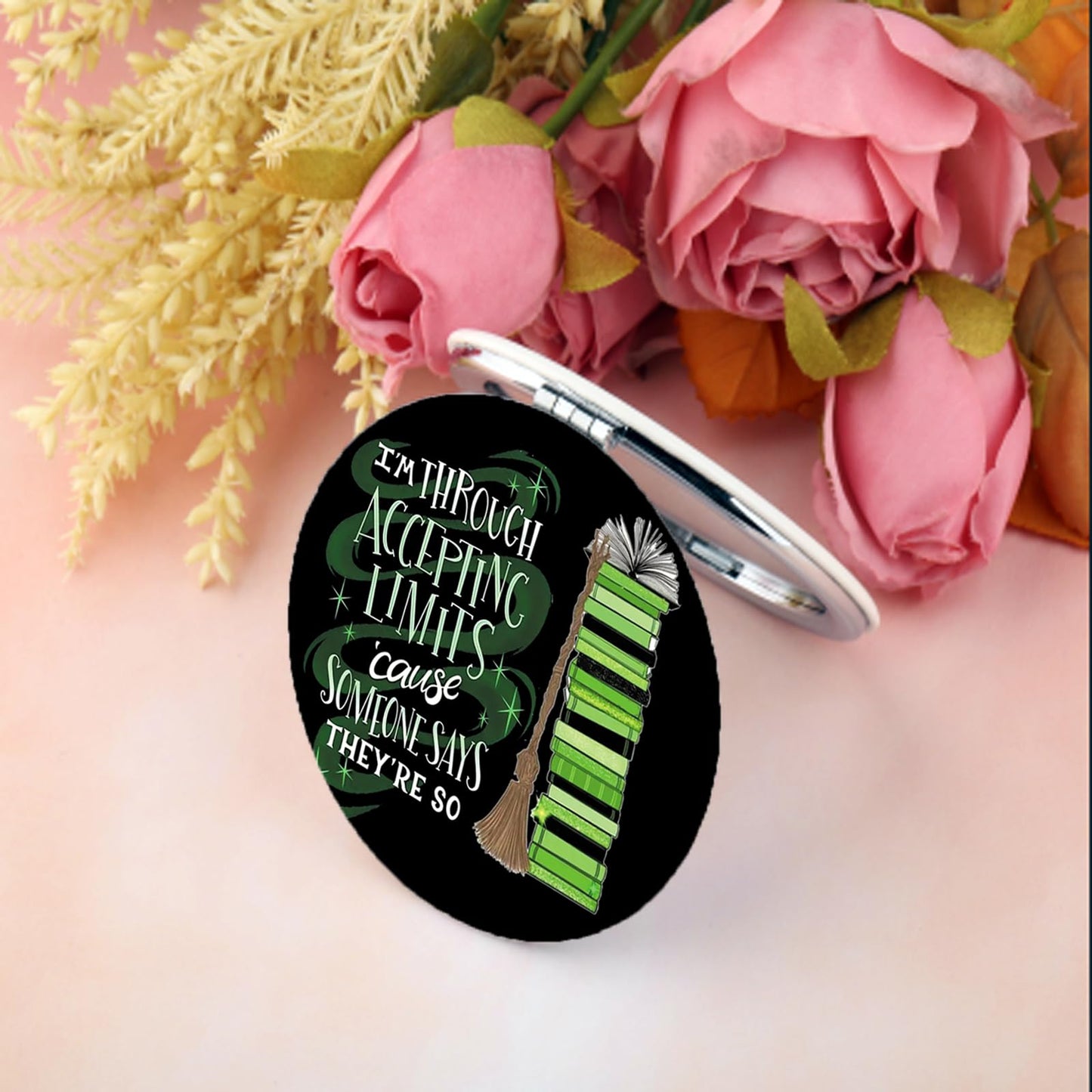 BEKECH Elphaba Quote Compact Mirror I’m Through Accepting Limits Green Witch Musical Makeup Mirror Gift for Theater Fans (Black)