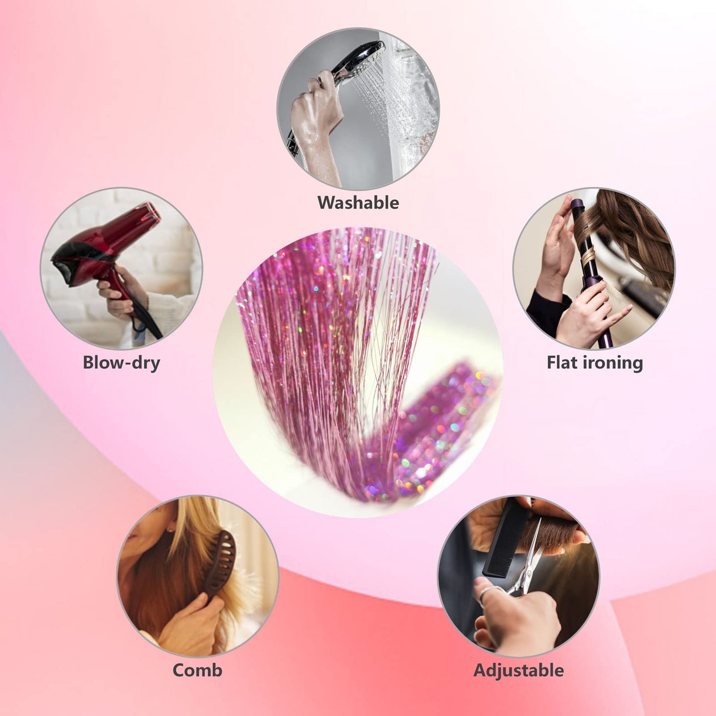 Hair Tinsel Kit with Tools and Instruction Easy to Use 1000 Strands 47 Inches Glitter Tinsel Hair Extensions for Women and Girls, Sparkling Shinny Fairy Hair Accessories for Christmas New Year Halloween Cosplay Party (Pink)