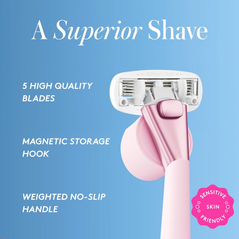 Athena Club Women’s Razor Kit, 5-Blade Cartridge Razor for Sensitive Skin, Serum-Infused Blades with Shea Butter and Hyaluronic Acid, Includes Handle, 6 Refills and Magnetic Shower Hook - Rose