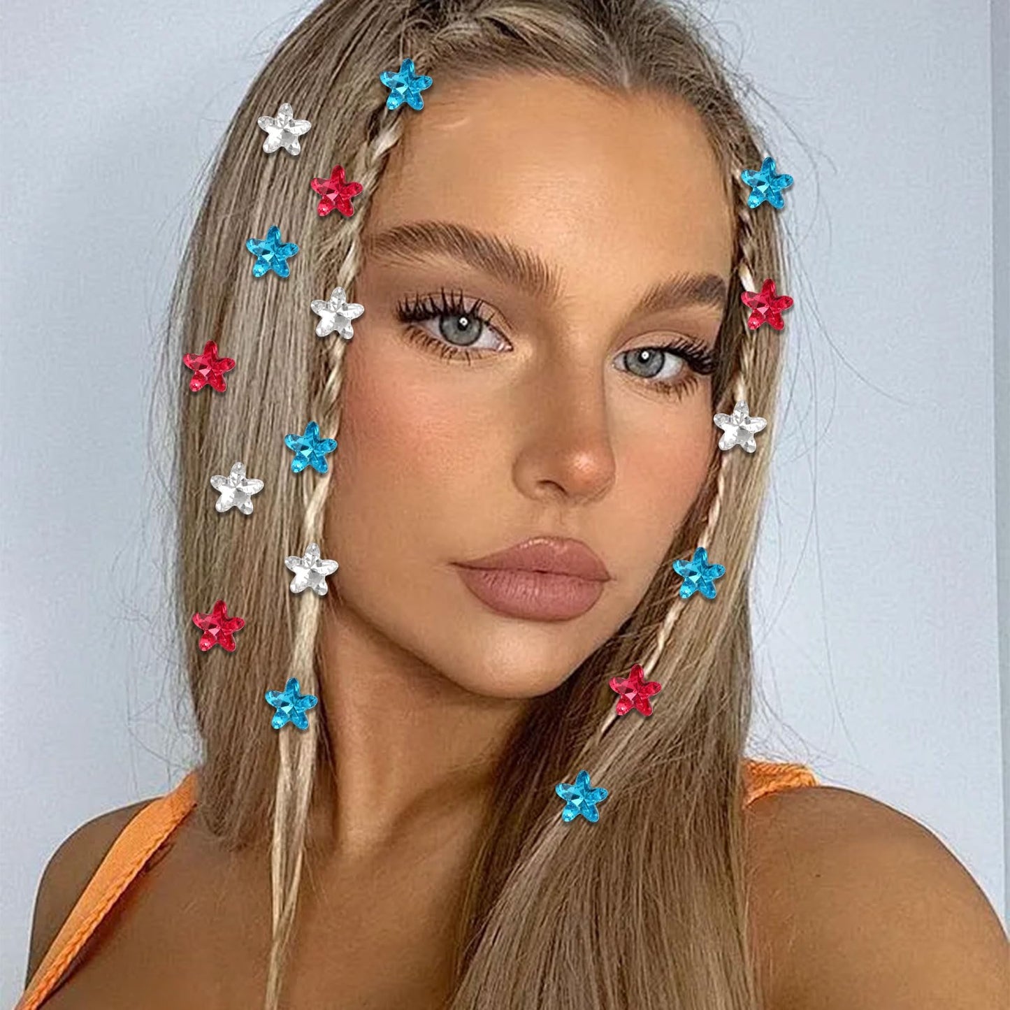 Oblihumoy 30Pcs 4th of July Red Blue White Hair Clips Rhinestone Star Small Hair Clip Independence Day Hair Accessories for Girls Women