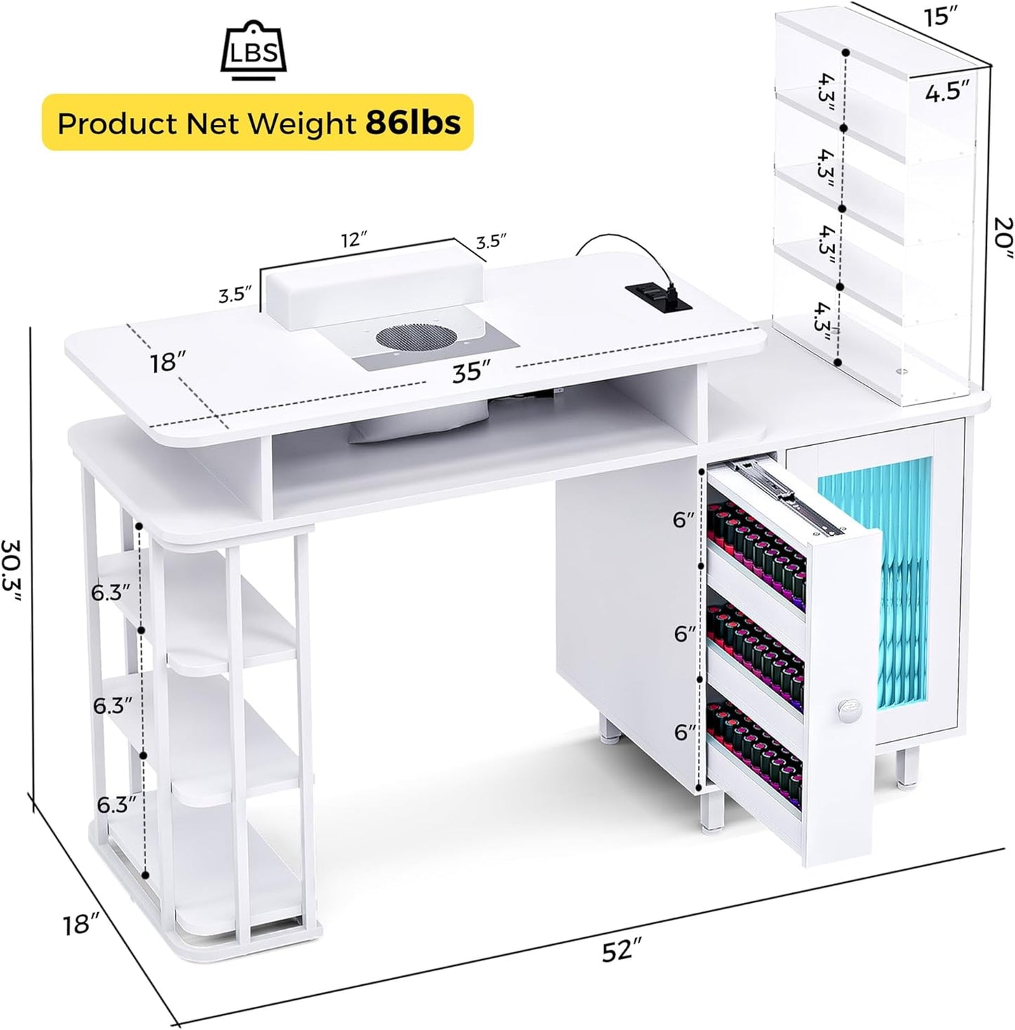 Manicure Table with LED Light - Nail Tech Desk with Dust Collector & Charging Station | White