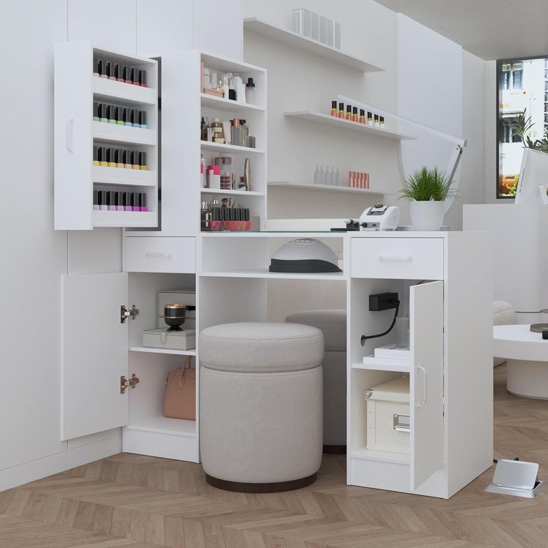 Manicure Table - Nail Desk Station with Glass Top & Wrist Rest | Storage Cabinets & Power Outlets (White)