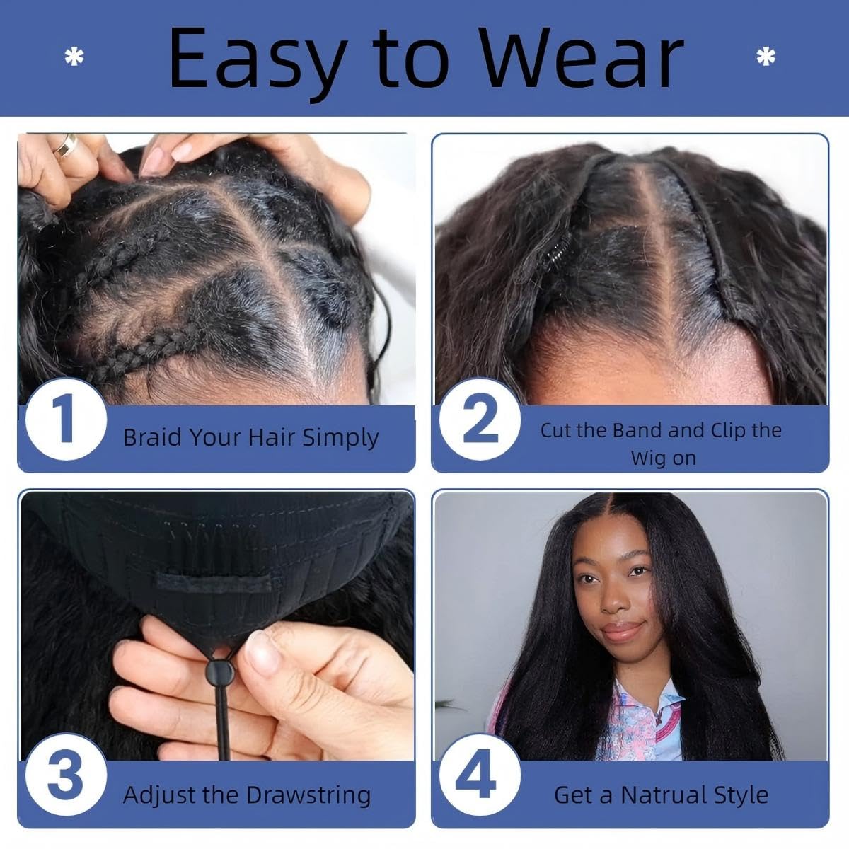 DaXunDi 250 Density 22 Inch V Part Wig Human Hair Kinky Straight Half Wig Human Hair Drawstring Upgraded 100% Natural Unprocessed Glueless No Sew in V Shape Clip In No Leave Out U Part Human Hair Wig