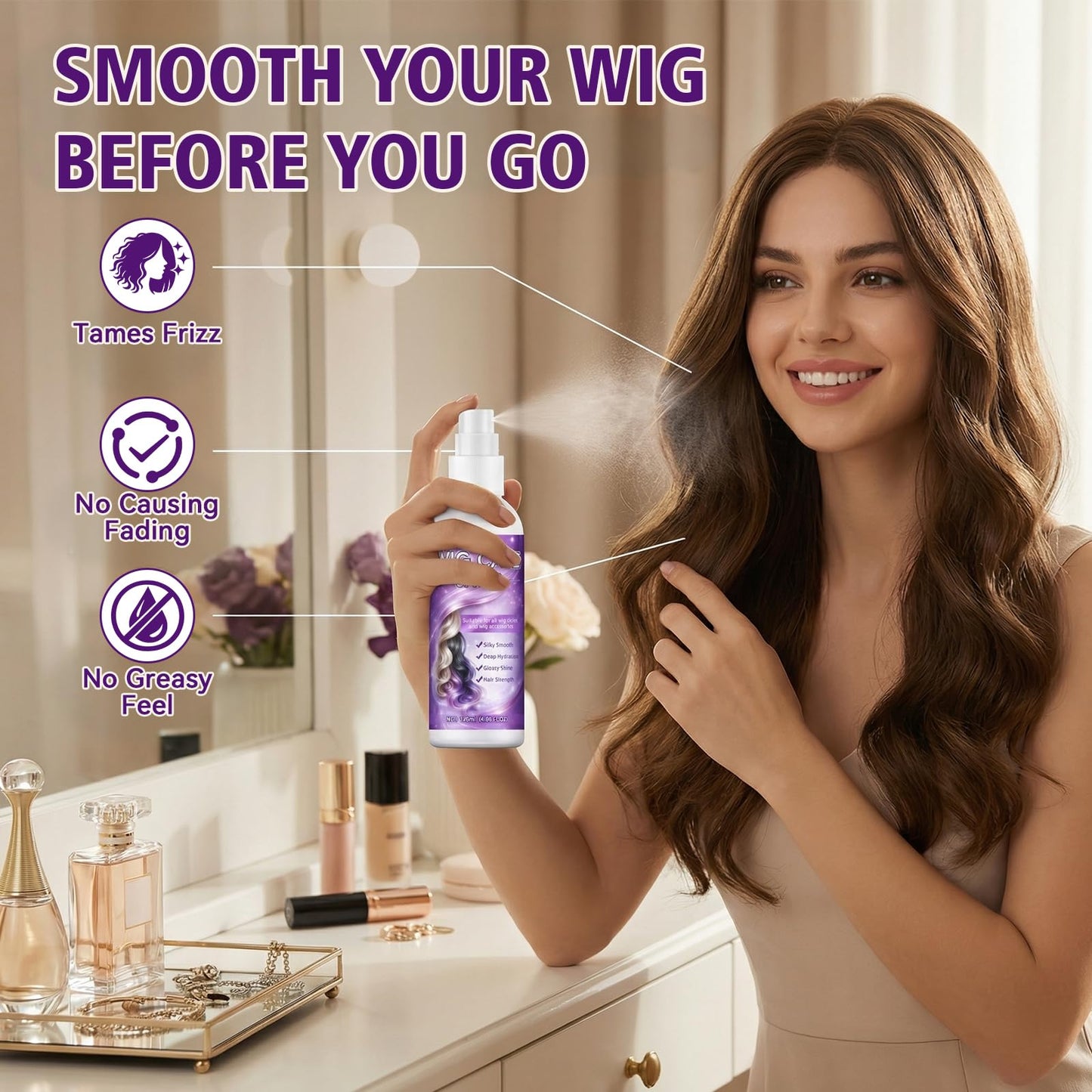Nozerix Wig Spray, Synthetic Wig Spray, Detangling, Frizz Control, Hydrating Conditioning, Shine Wig Care Spray, for Synthetic and Human Hair Wigs, Wig Accessories, 120ml