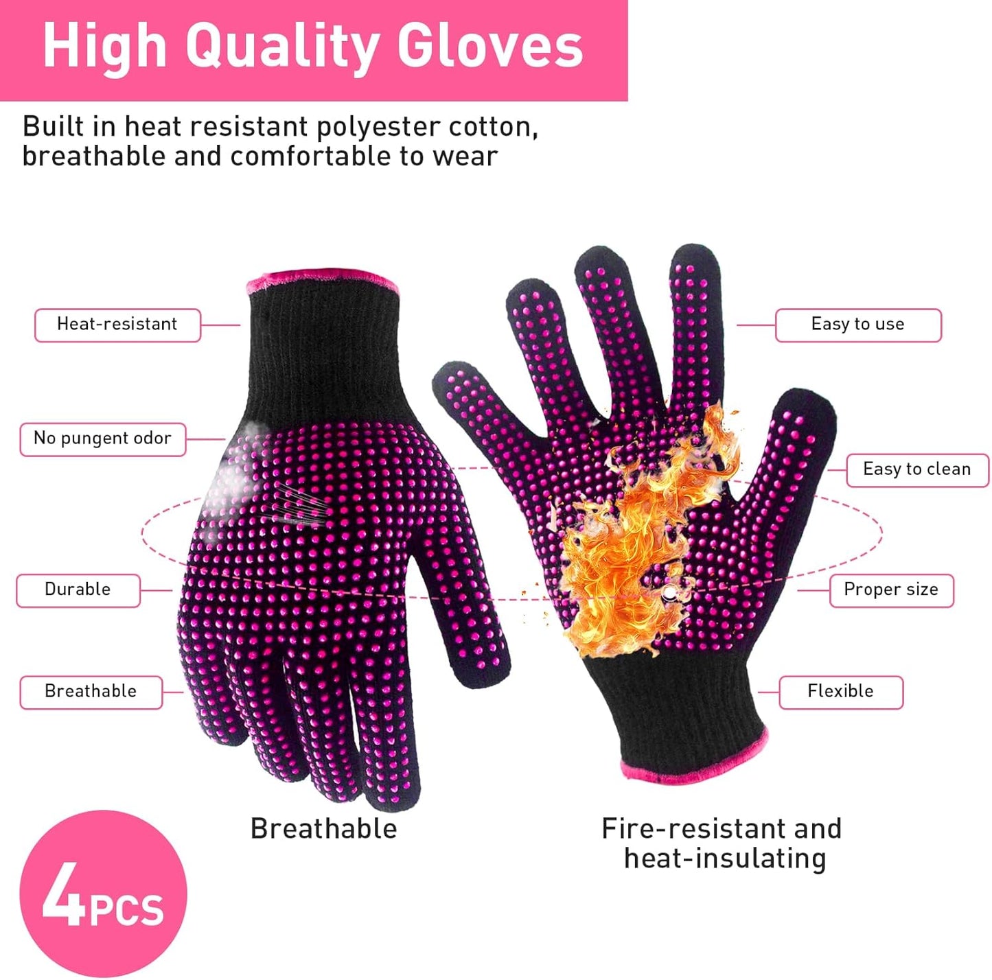Heat Resistant Gloves - Silicone Bumps for Hair Styling | 4-Piece Set for Curling & Flat Iron Use