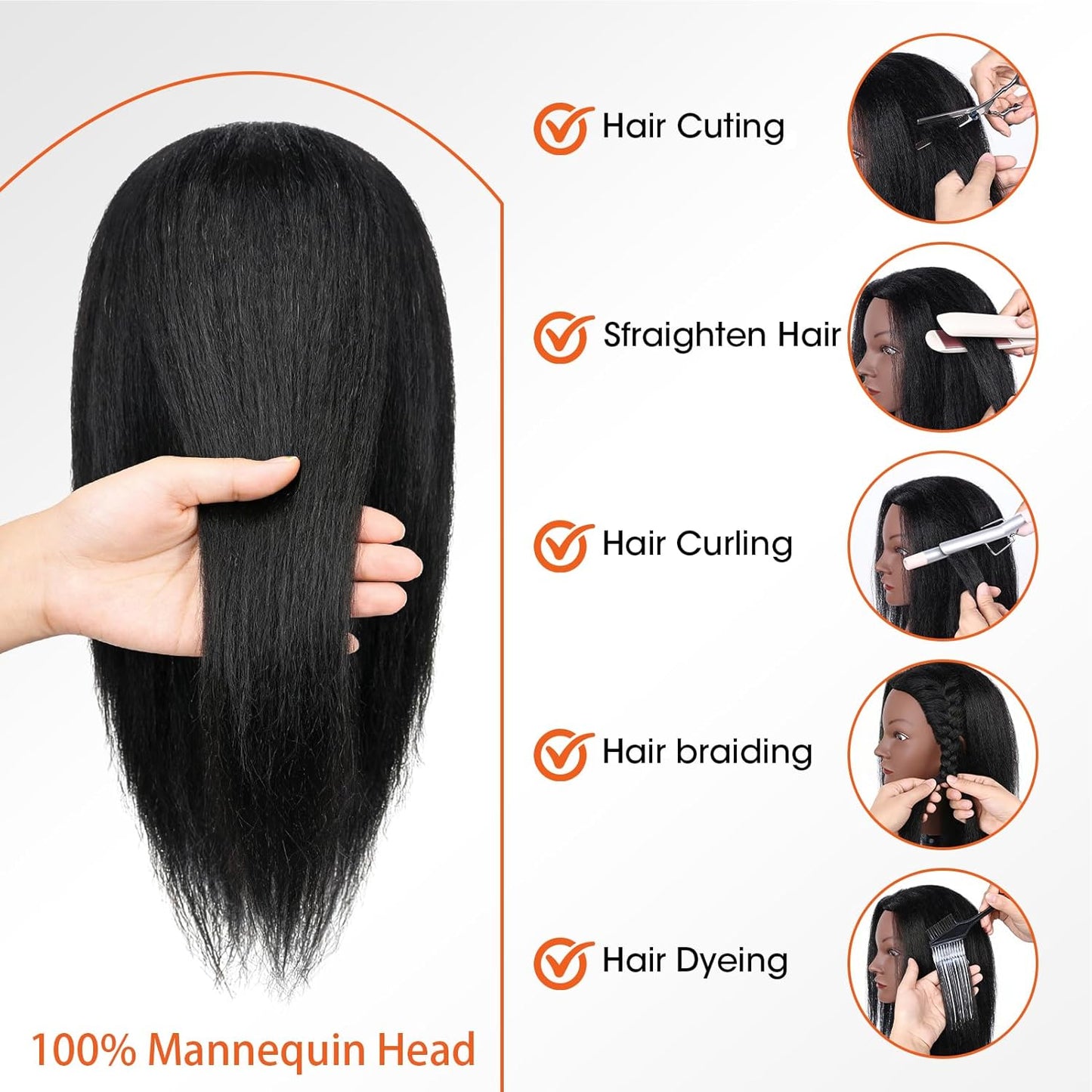 Mannequin Head - 100% Human Hair Cosmetology Training Doll for Hair Styling | 16-Inch with Clamp Holder (Black)