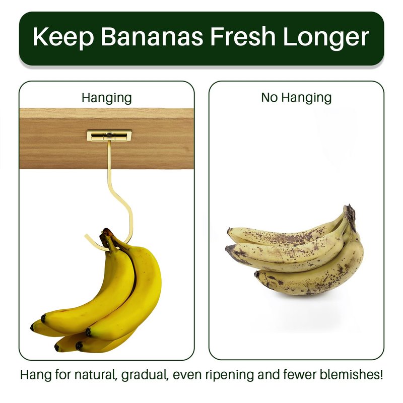 bussdis Adhesive Banana Hook Under Cabinet: 2-Pack Foldable Metal Banana Hanger, Space-Saving Under Counter Banana Holder for Kitchen & RV, Gold
