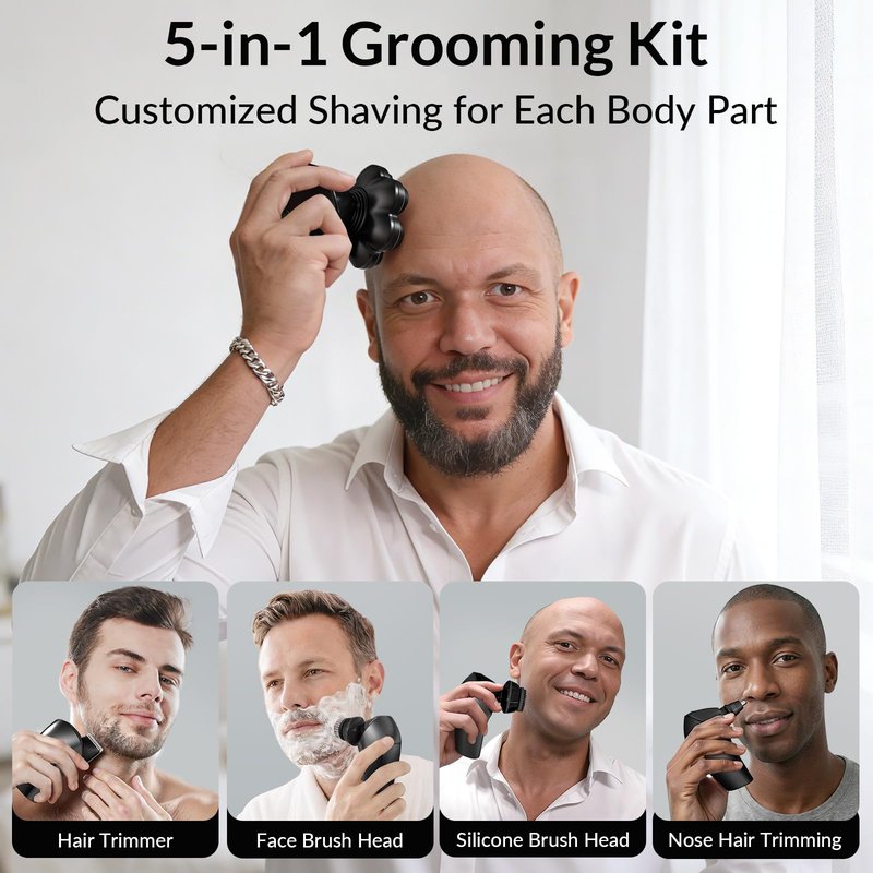HiBig Head Shavers for Bald Men - 7D Arc Magnetic Detachable Electric Razor, Waterproof Wet Dry 5-in-1 Electric Shaving & Grooming Kit, LED Display Rechargeable Head & Body Hair Shaver, Black