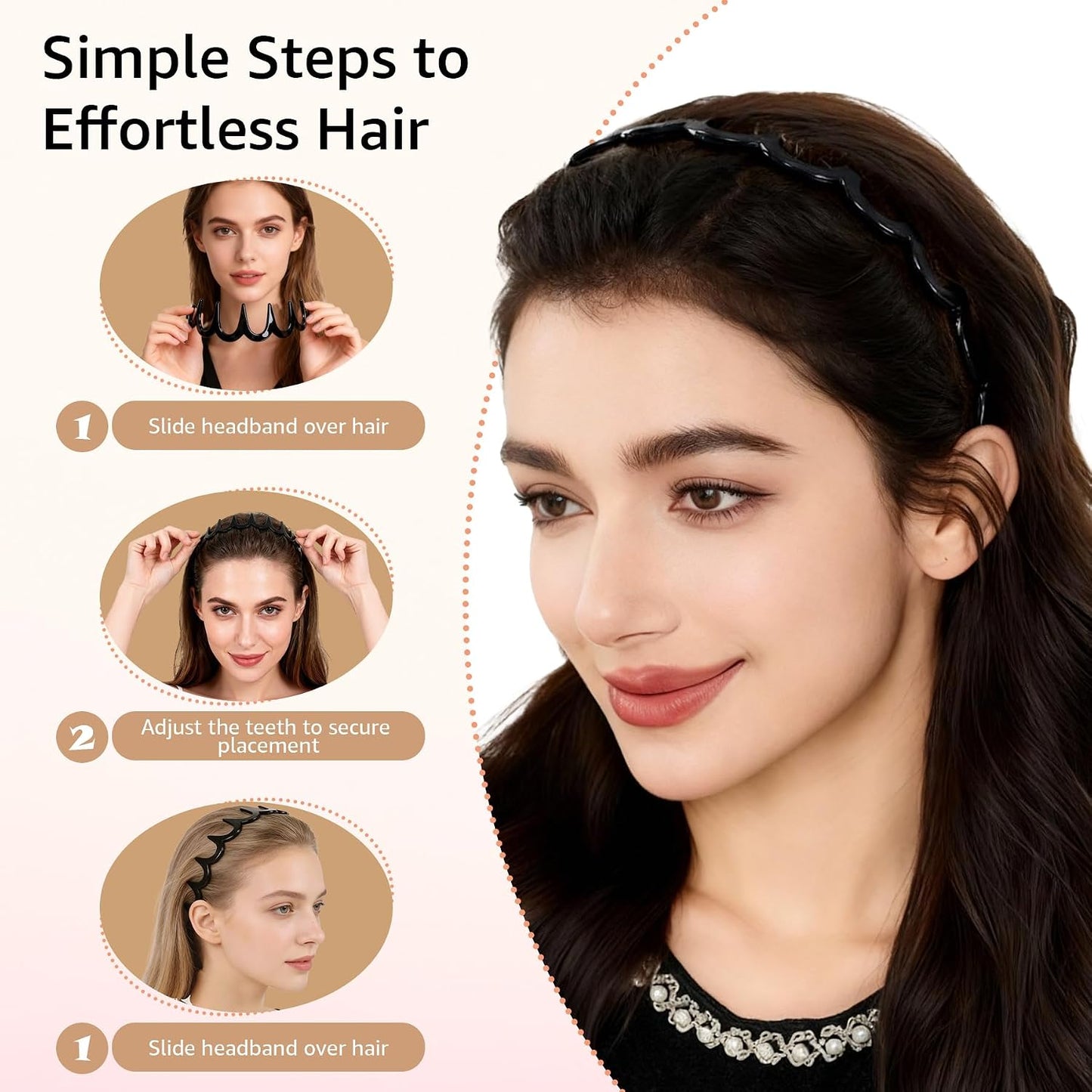 Zig Zag Headbands for Women - Non-Slip Wavy Plastic Hair Combs | Classic 90s Style, 2 Pack (Black & Brown)