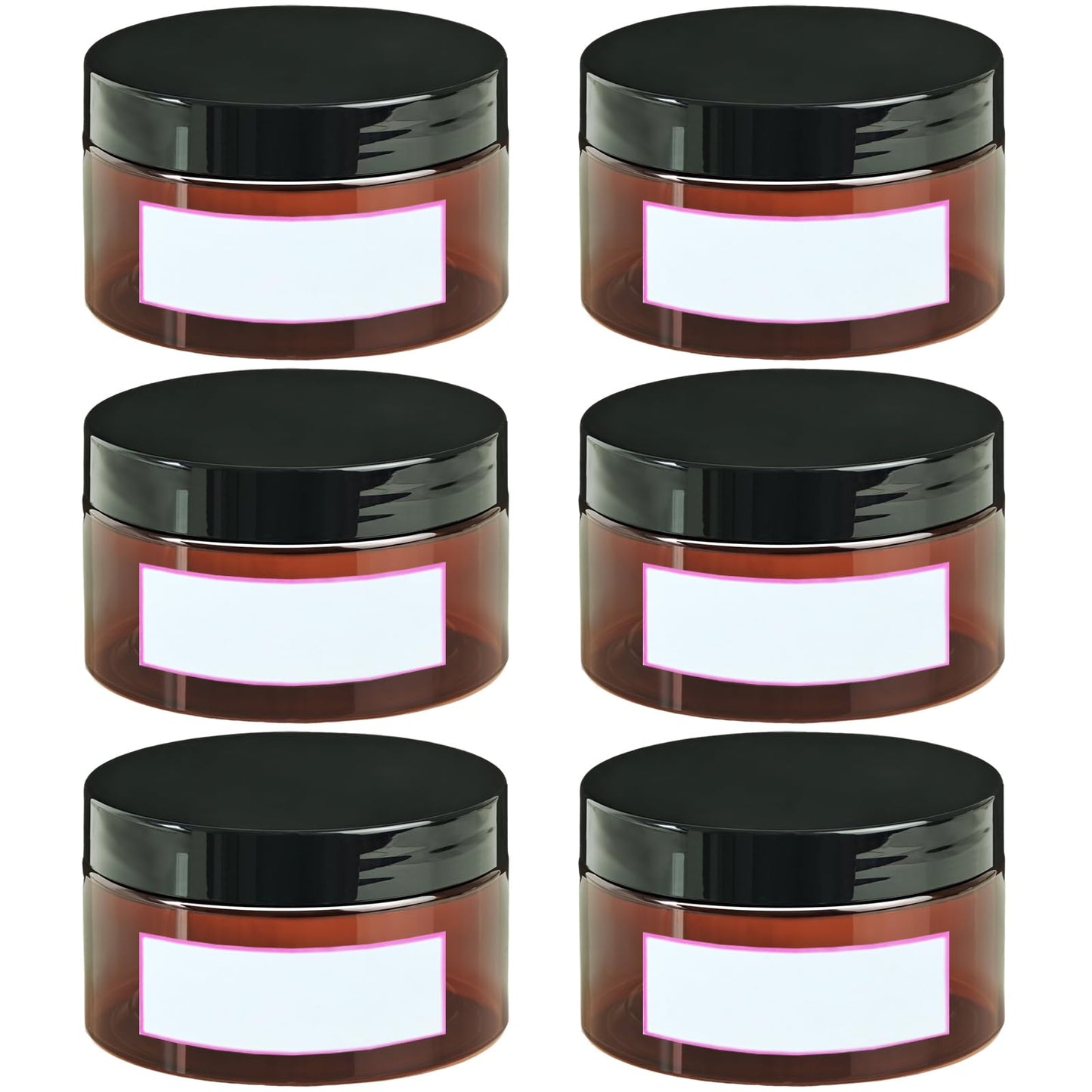 8 oz Plastic Container Jars with Labels, 6 Pcs Empty Round Cosmetic Containers with Black Lid for Cream, Body Butter, Makeup, Travel Samples (Amber)