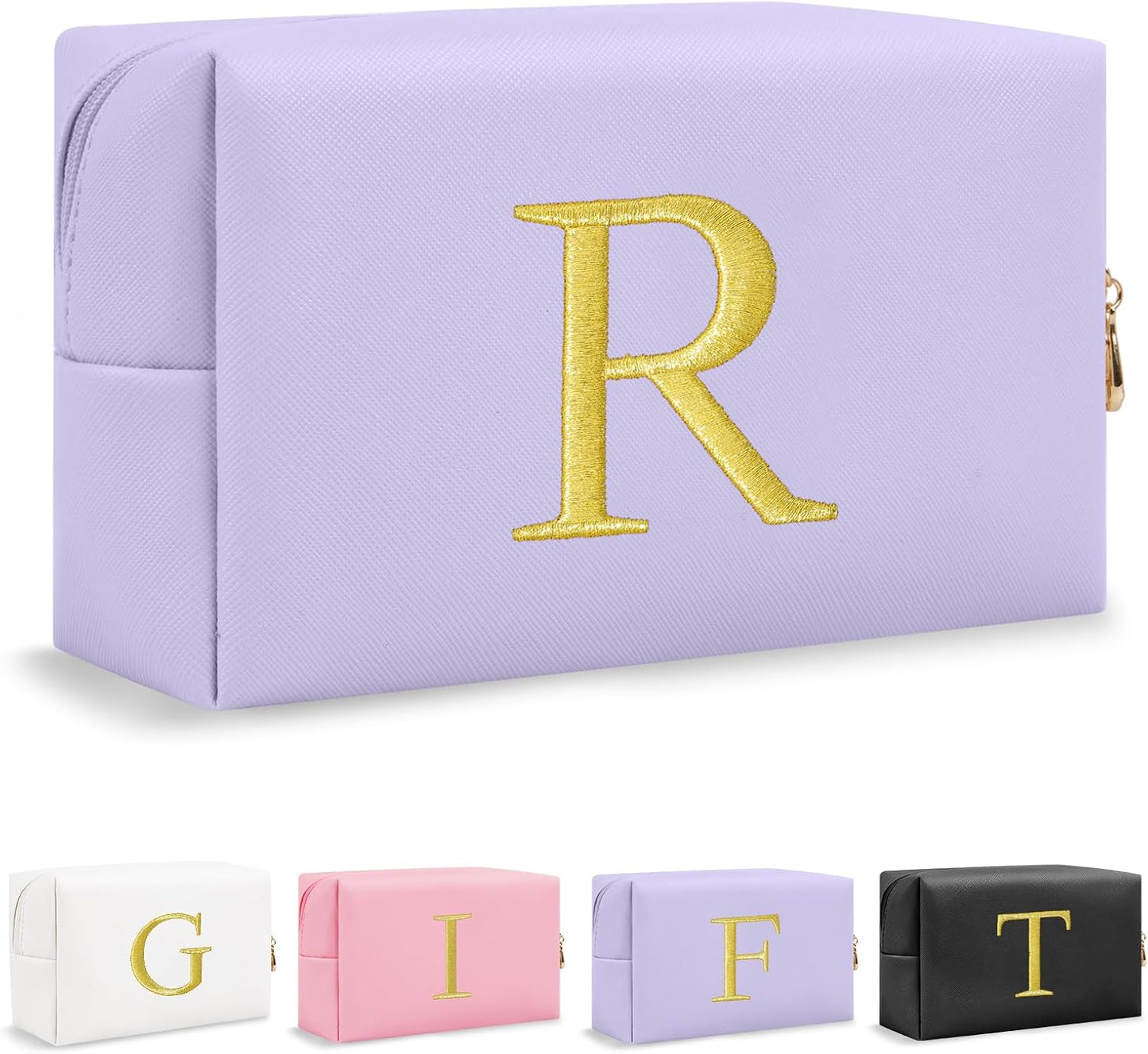 Personalized Initial Makeup Bag - Gold Embroidered Cosmetic Bag for Teens | Custom Travel Toiletry Bag (Black)