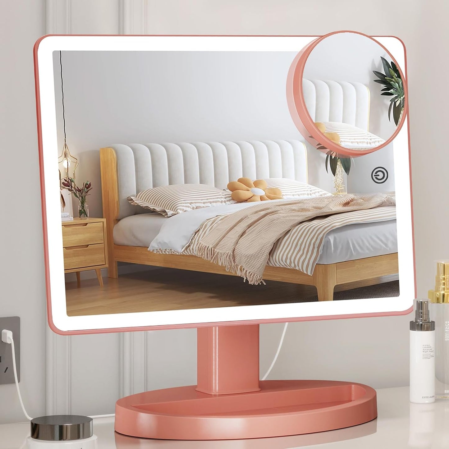 Large Lighted Makeup Mirror - 3 Color Modes, 88 LED, 10X Magnification | 360° Rotation, Touch Screen (Black)