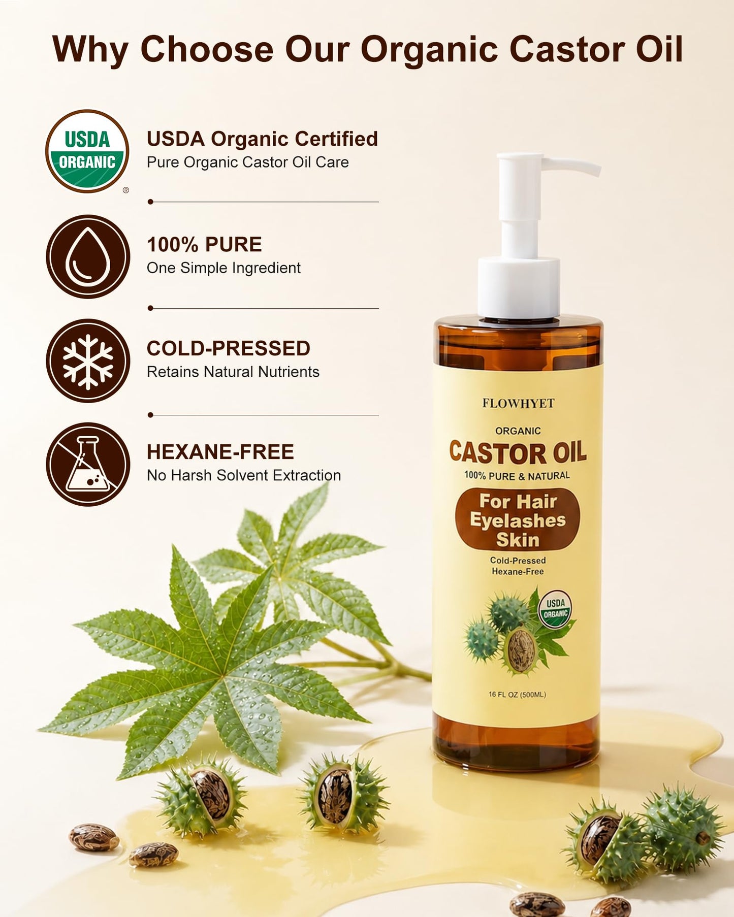 FLOWHYET Organic Castor Oil for Hair Growth, Pure Eyelash Growth Serum