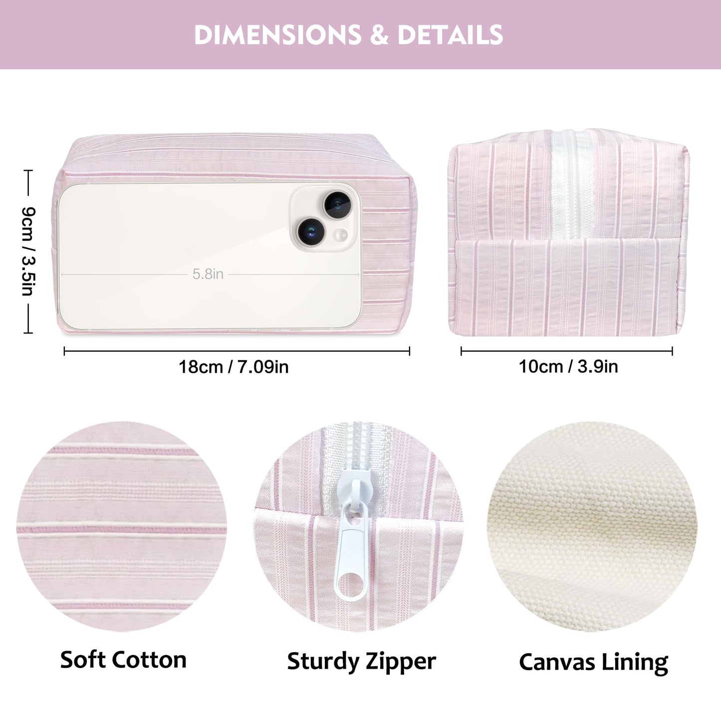 STARDW Striped Cotton Makeup Bag, Cute Cosmetic Pouch with Canvas Lining & Zipper, Travel Toiletry Bag