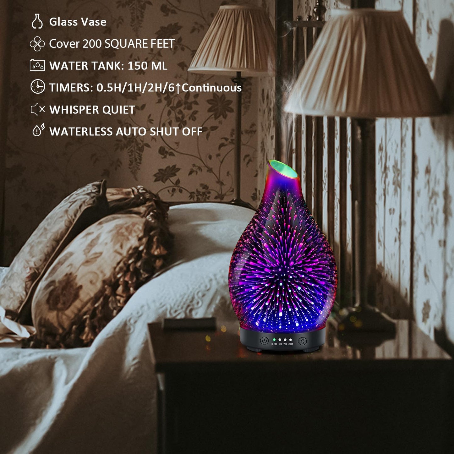 Essential Oil Diffuser 120ML Glass Ultrasonic Aromatherapy Oil Diffuser-Aroma Humidifier Glass Diffuser,7 Color Changing Light Auto-Off-Ultra-Quiet for Sleeping Yoga Home Office and Spa