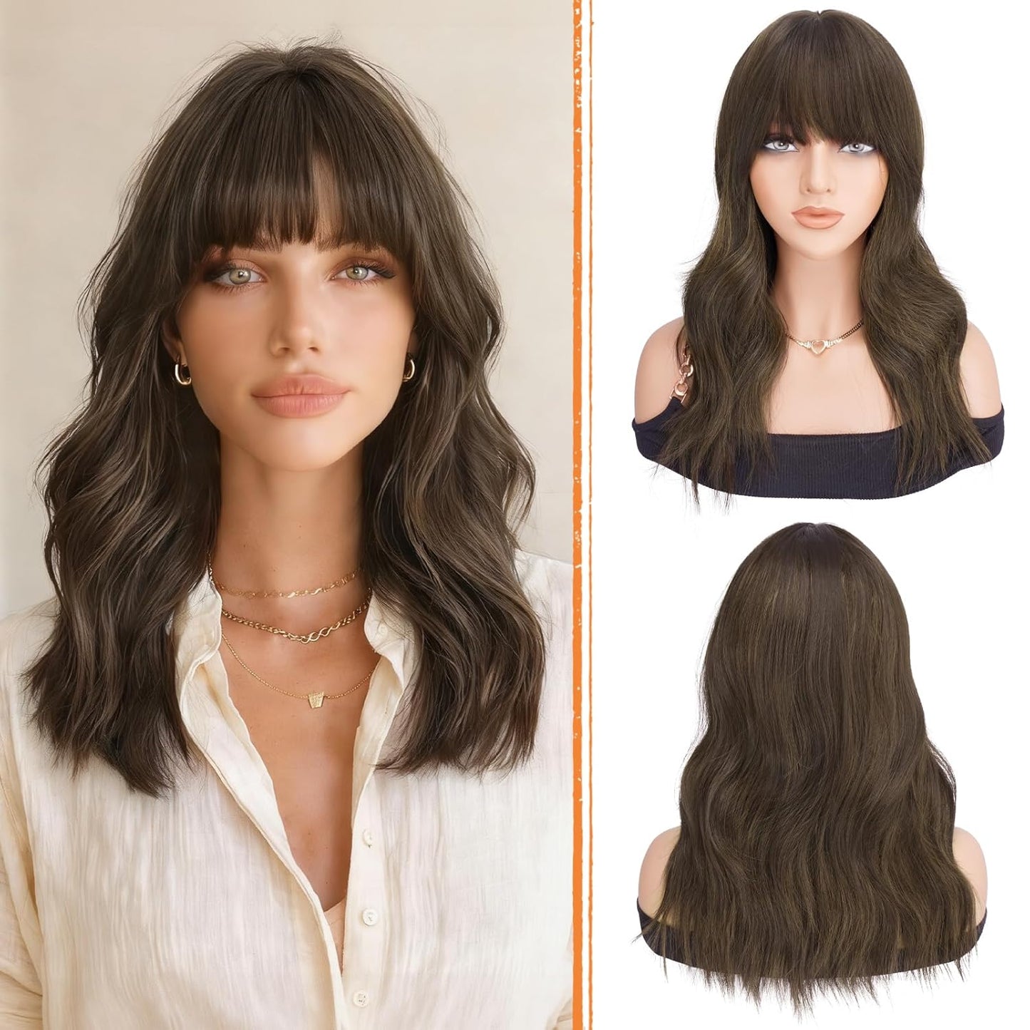 Brown Wigs with Bangs - 19 Inch Natural Wavy Synthetic Heat Resistant Hair for Women | Blonde Mixed Brown