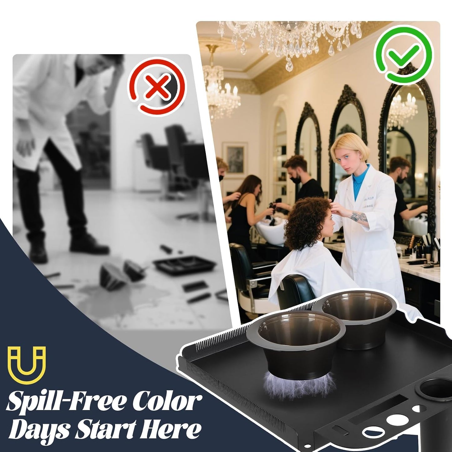 Salon Tray Cart - Height Adjustable Rolling Tray with 2 Magnetic Bowls | Hair Extension & Tattoo Tool Holder