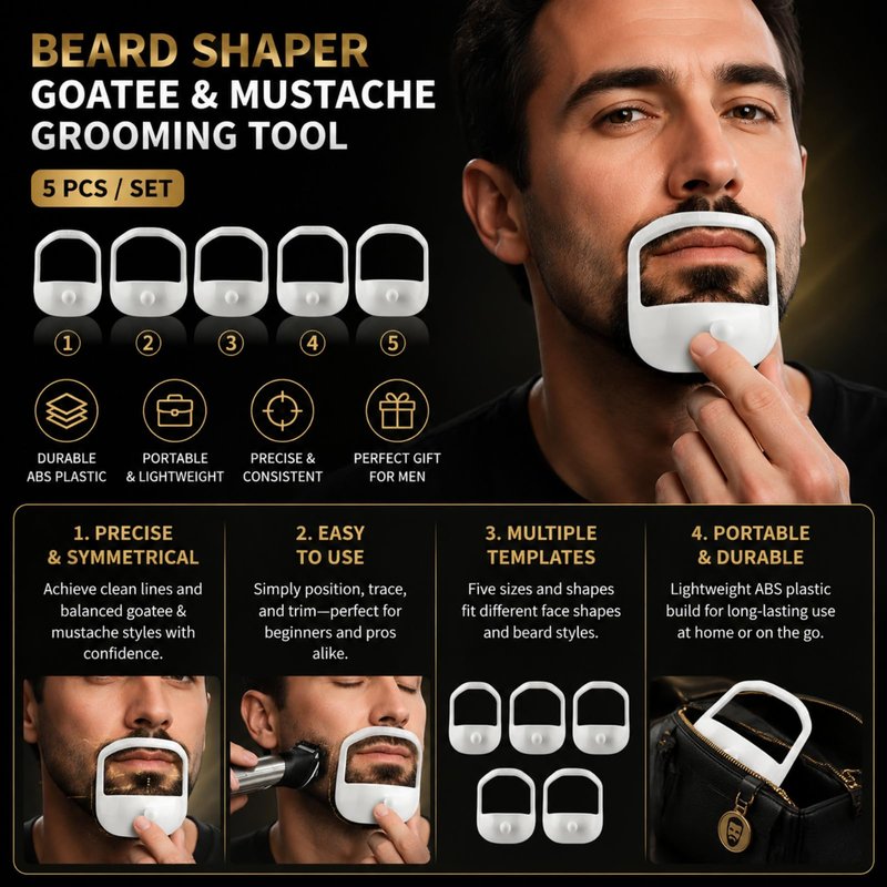 HORWIA 5Pcs Beard Shaper,Goatee Beard Styling Stencils Different Size,Beard Lineup Tool,Precision Goatee Template for Clean Sleek Stylish BeardLines for Man (White)