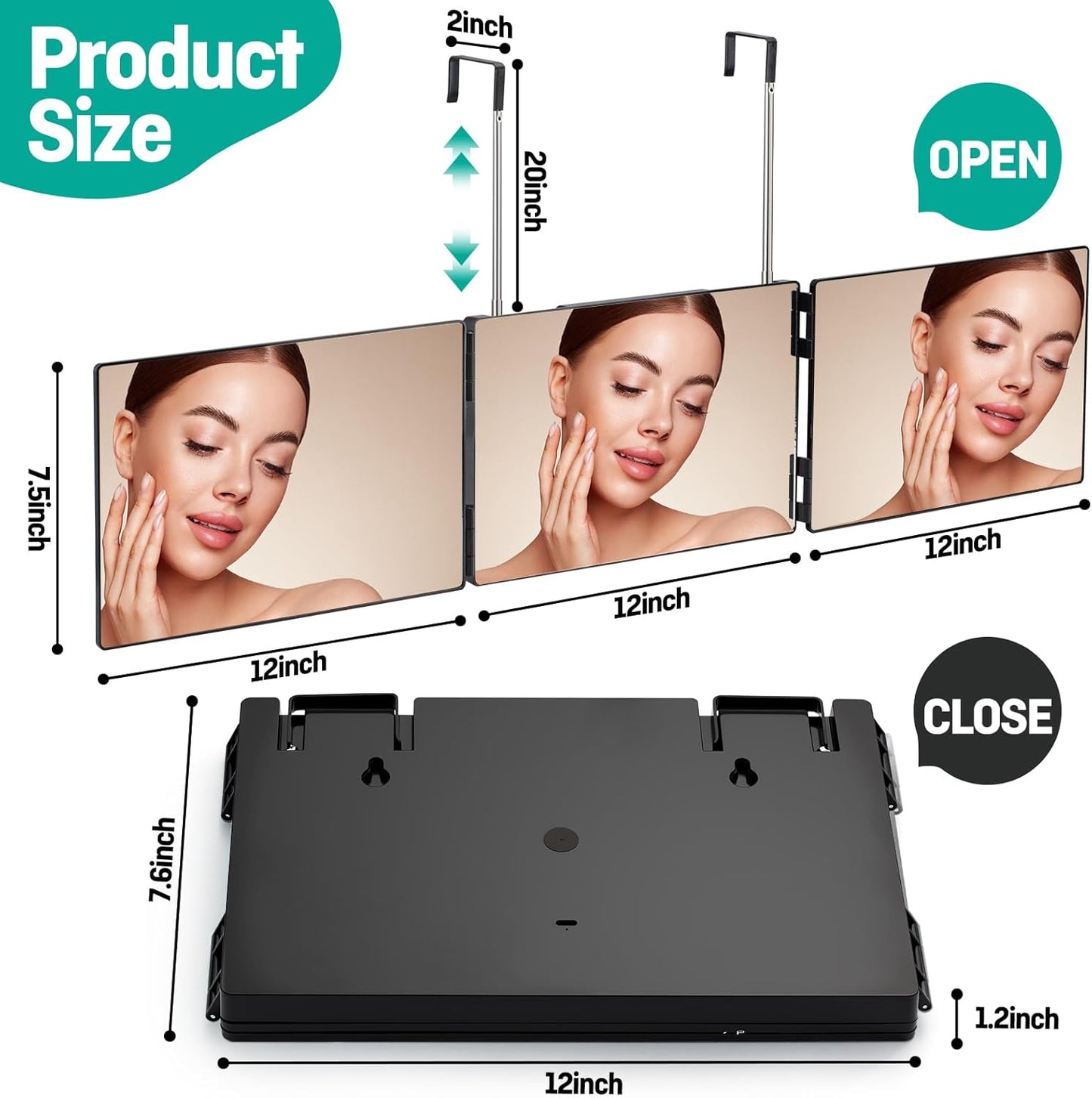 Tri-Fold 3-Way Mirror for Self Hair Cutting - 360° View, Height Adjustable, Anti-Fog HD Glass | Perfect for Shaving, Braiding, Travel