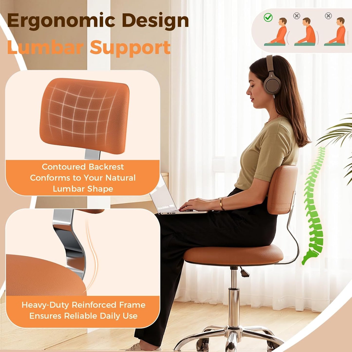 Rolling Stool Chair - Height Adjustable Office Drafting Chair with Back Support | PU Leather Cushion, Camel Color