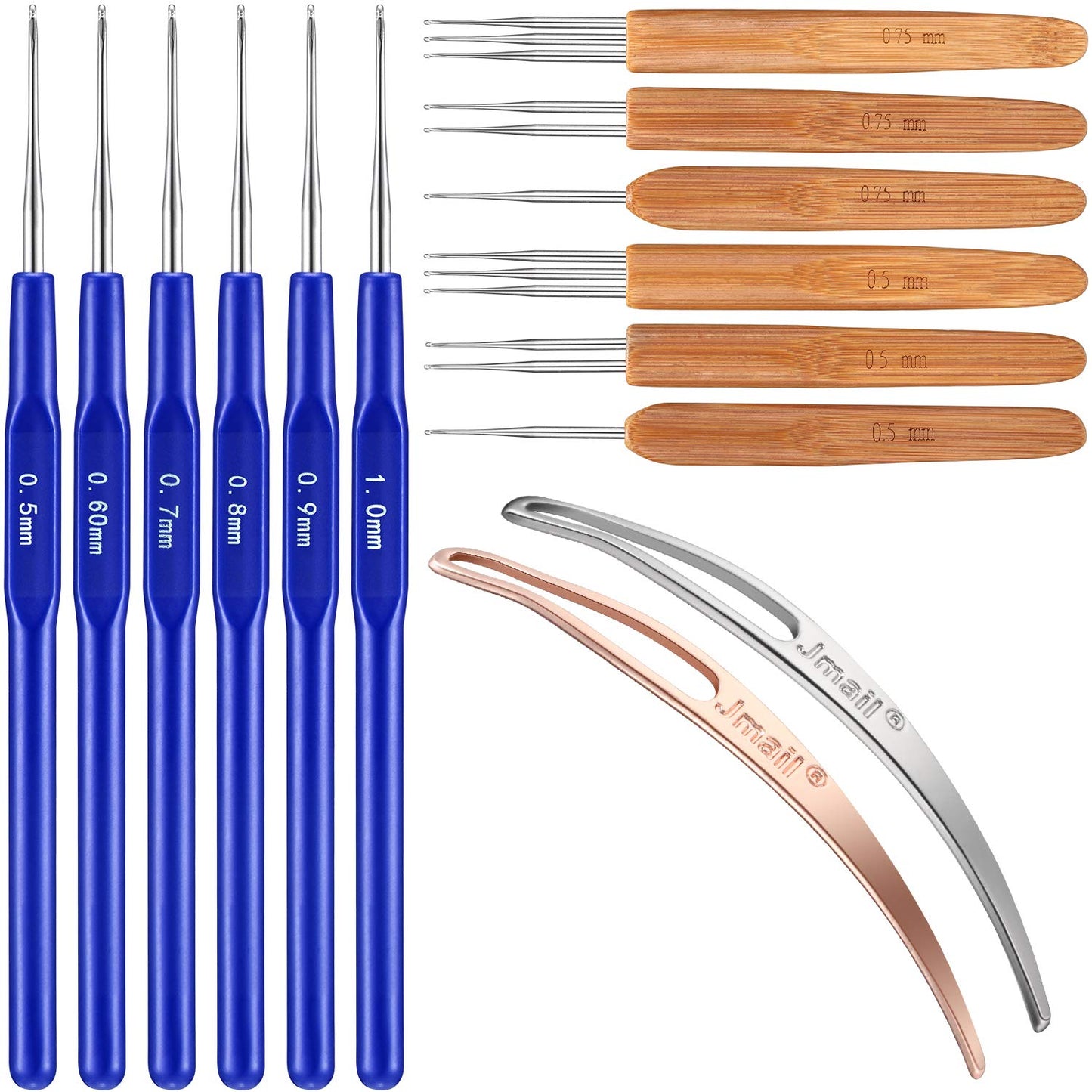 WILLBOND 14 Pcs Dreadlock Crochet Hook Set Include 6 Dreadlocks Crochet Needle 2 Hair Locking Tools 6 Hooks 0.5 mm 0.75 mm Needle Weaving, 1/2/3 Hooks for Locs Braid Craft(Blue)