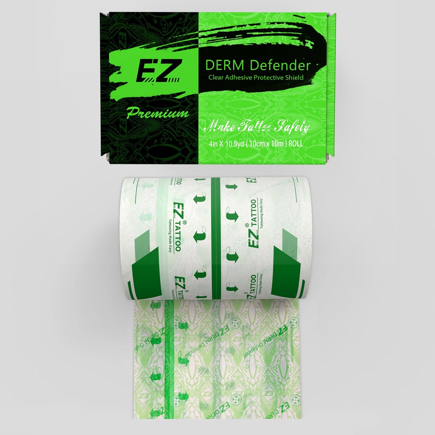 EZ Derm Defender Roll, Tattoo Aftercare Waterproof Bandage 4 inch X 10.9 Yard, Transparent Film Dressing Second Skin Healing Wrap Cover, Derm Shield Skin Protection Aftercare Tape