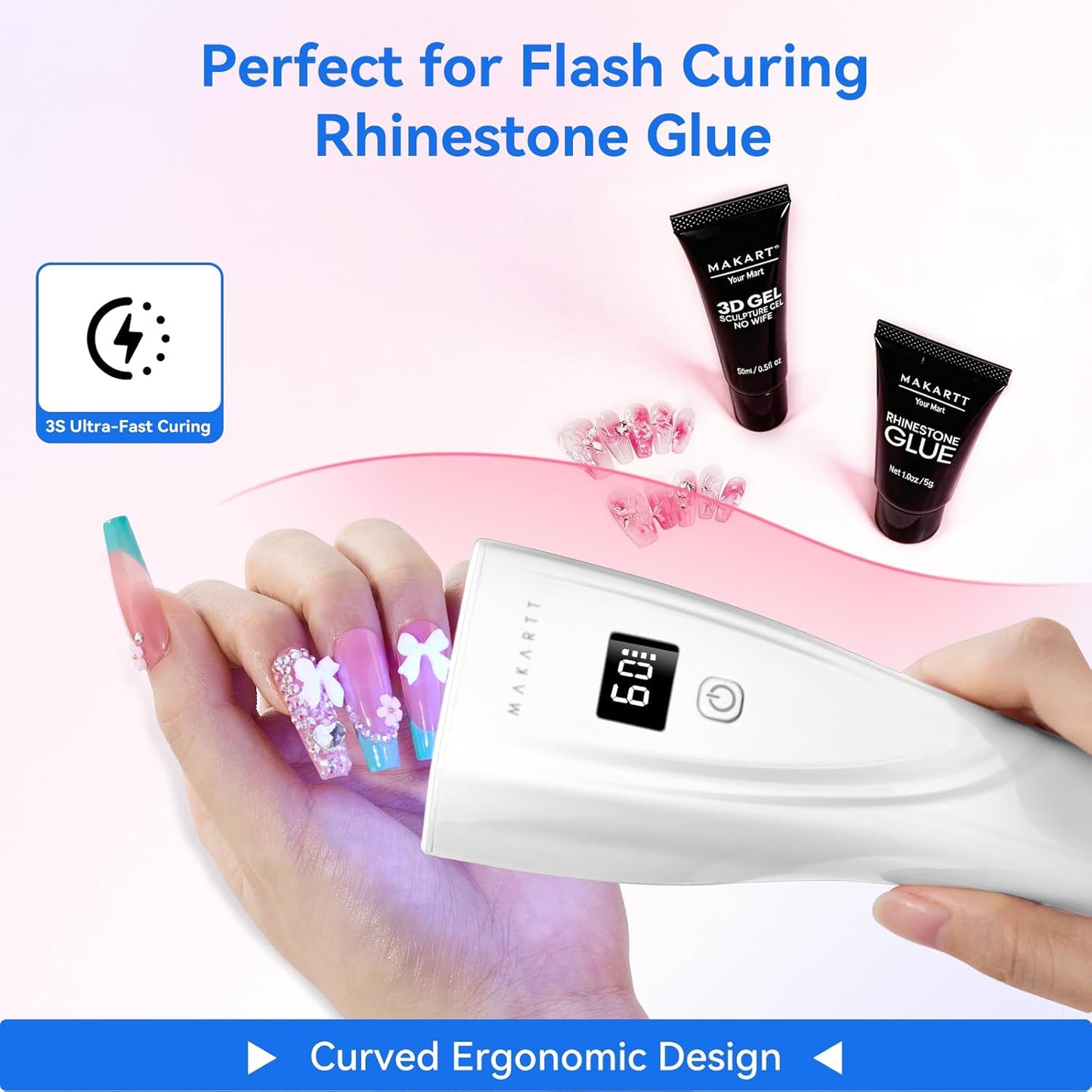Portable UV LED Nail Lamp - 222 mW/cm² Cordless Nail Dryer for Gel & Rhinestones | Rechargeable with LCD Display & Timers