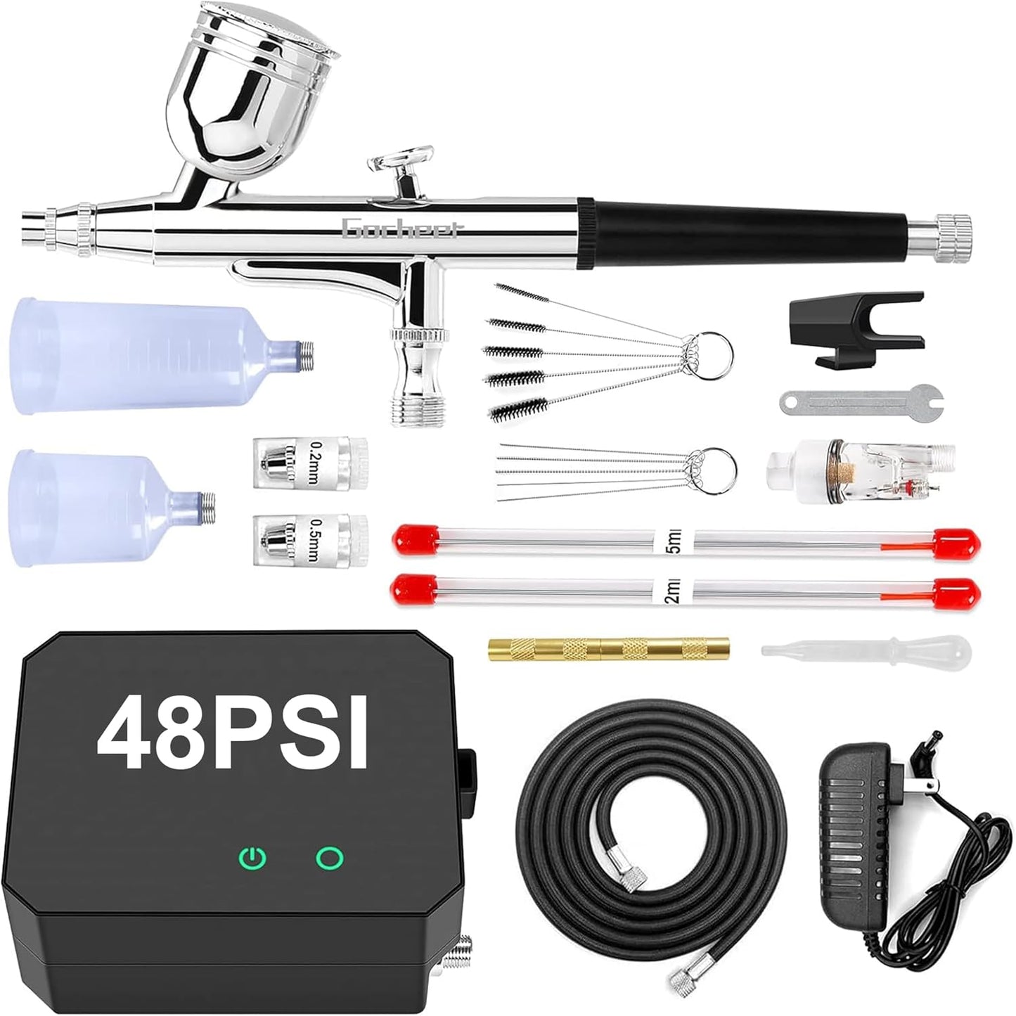 Airbrush Kit - High Pressure 40-48 PSI Compressor with 0.2/0.3/0.5mm Nozzles | Ideal for Painting, Makeup, Cake Decor