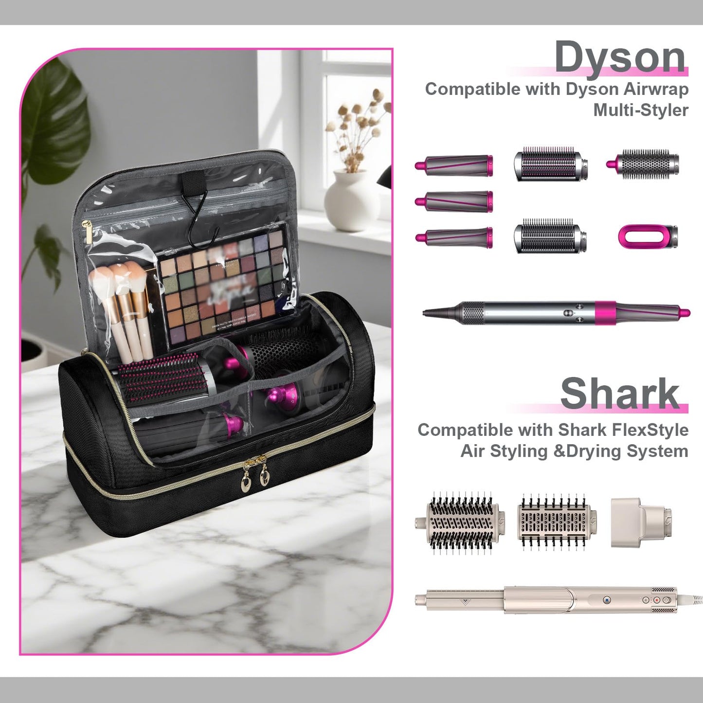 Wigojoy Travel Carrying Case Compatible with Dyson Airwrap Flexstyle/Shark Flex Fushion and Attachments, Portable Storage Bag for Hair Styling Tools with Metal Hanging Hook, Black (Bag Only)