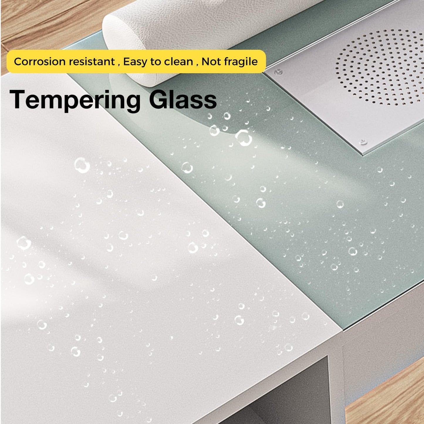 Nail Tech Manicure Table - Acetone Resistant Glass Top & Wrist Rest | White Workstation with Storage Drawers & 4 Dust Bags