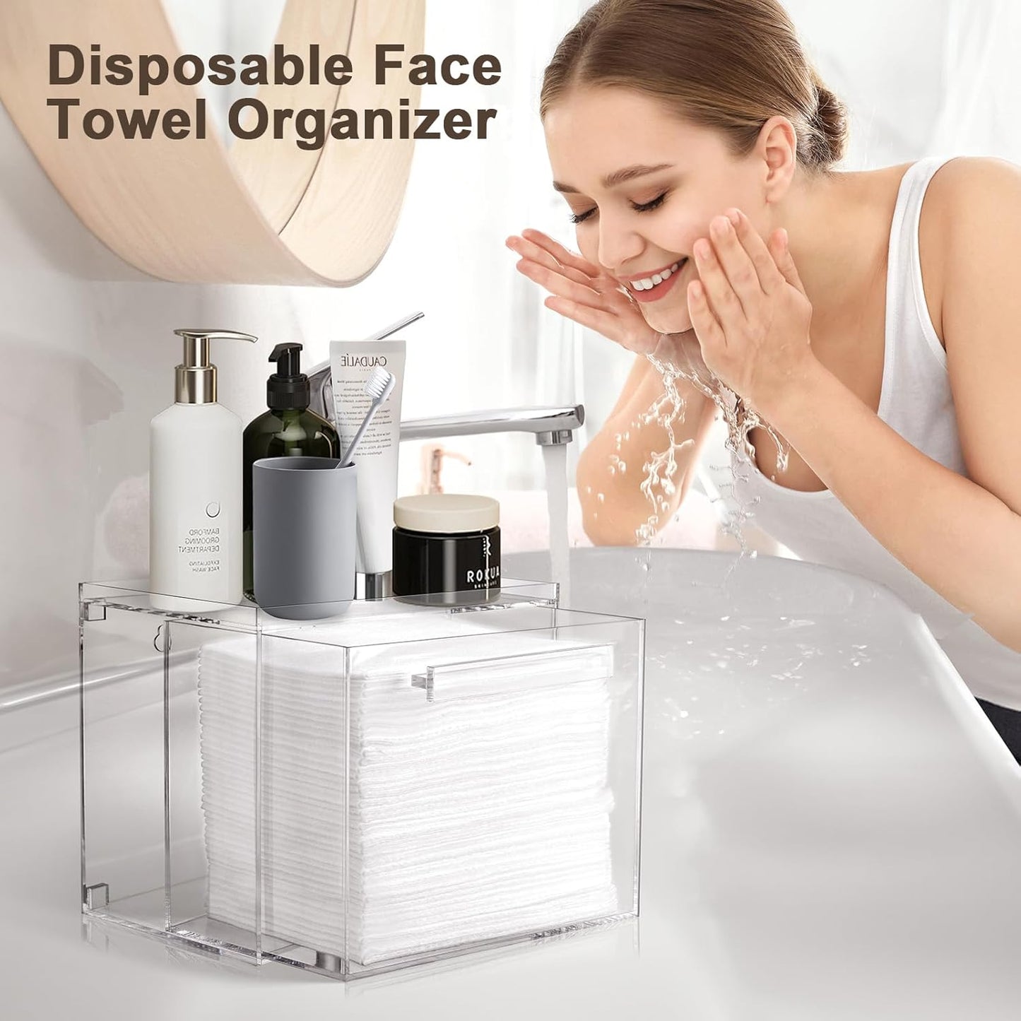 Acrylic Disposable Face Towels Holder - Wall-Mounted Clear Storage Box for Bathroom Vanity | Organizer with Drawer for Clean Skin Club Towel XL