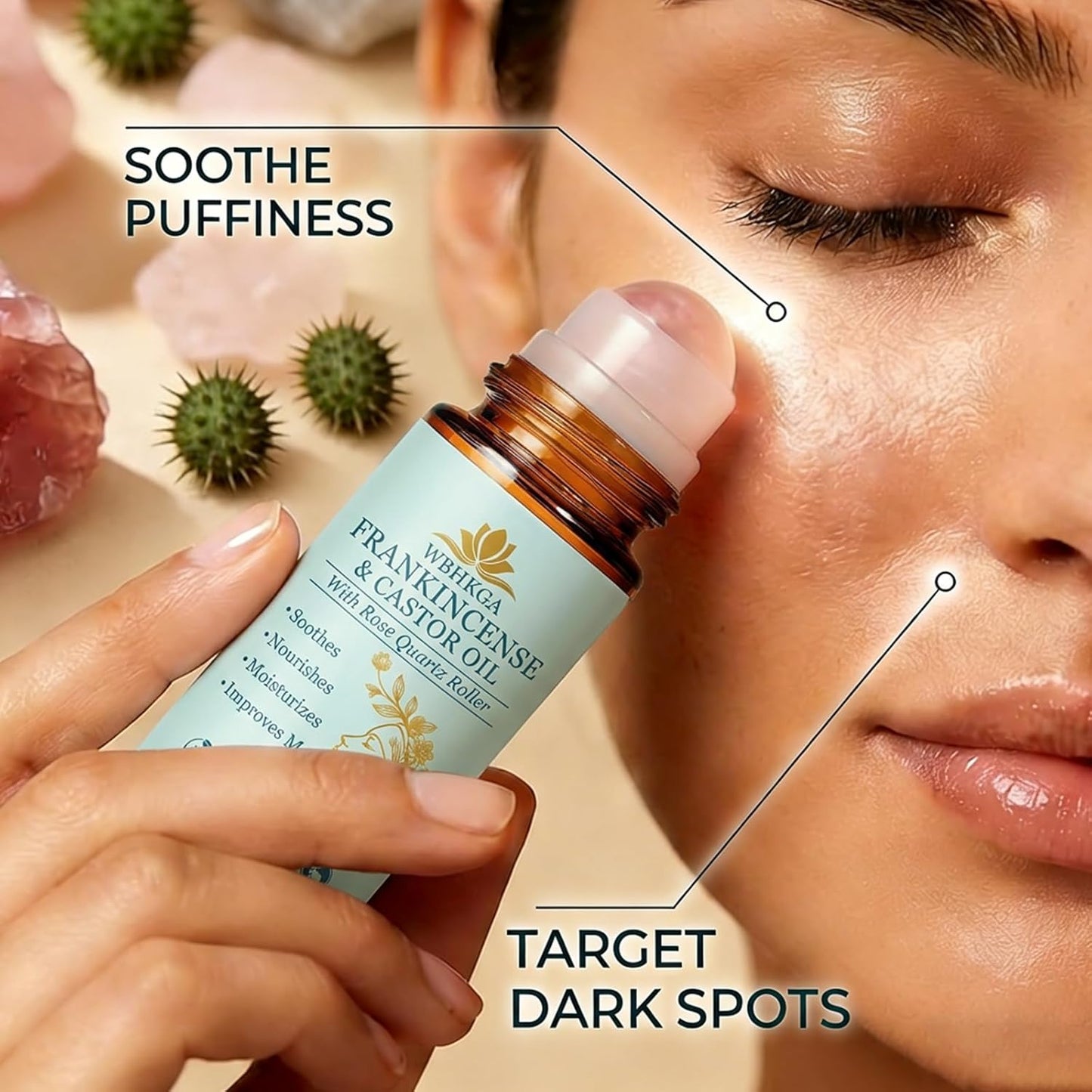 Real Rose Quartz Eye Roller - Castor Oil & Frankincense Serum for Dark Circles, Fine Lines | 50ml / 1.7 fl. oz.