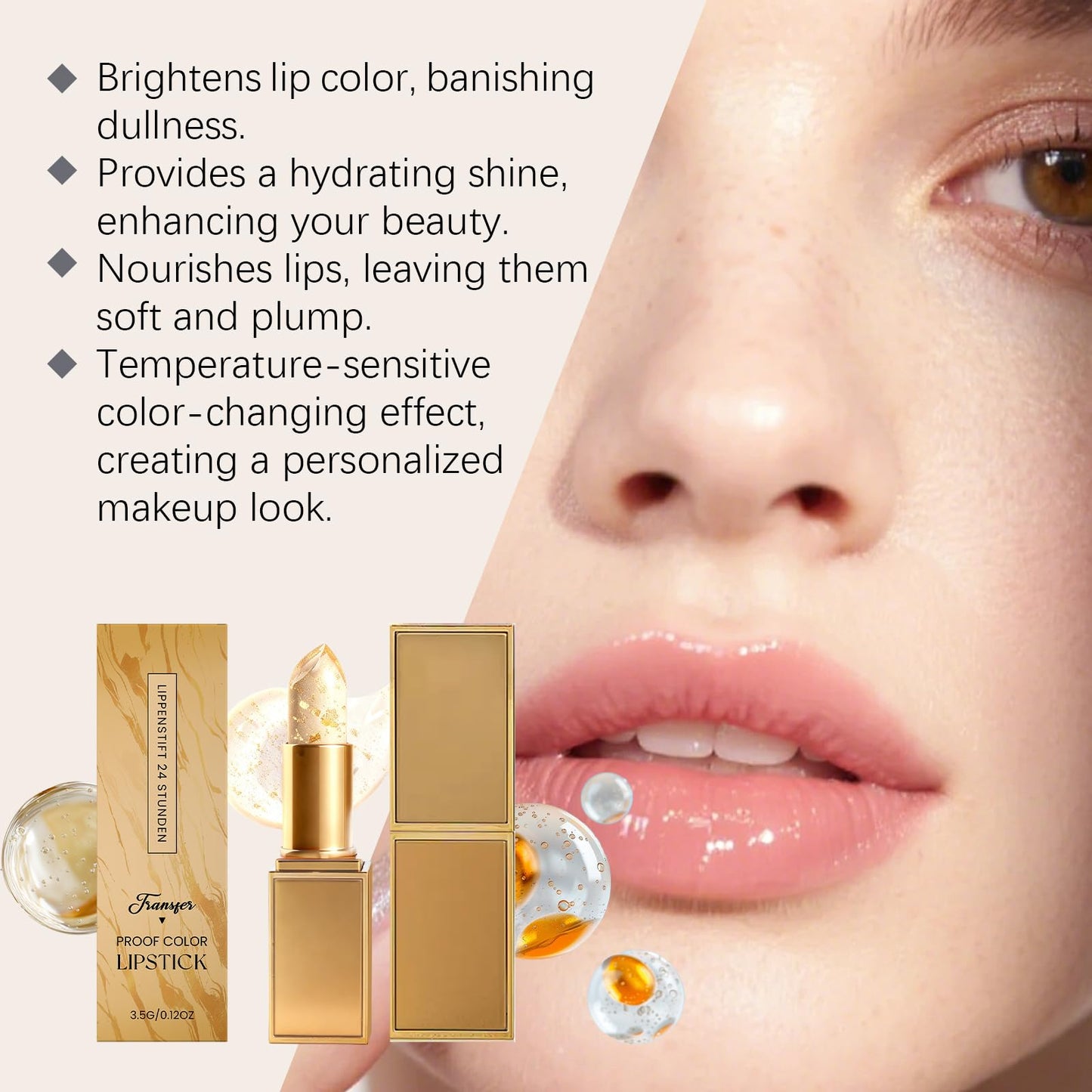 WestShiny Color Changing Lipstick for Women, 24 Hours Enduring PH Lipstick Color Changing, Gold Crystal Clear Lip Stick, Moisturizing Clear Lip Gloss - 1Pcs