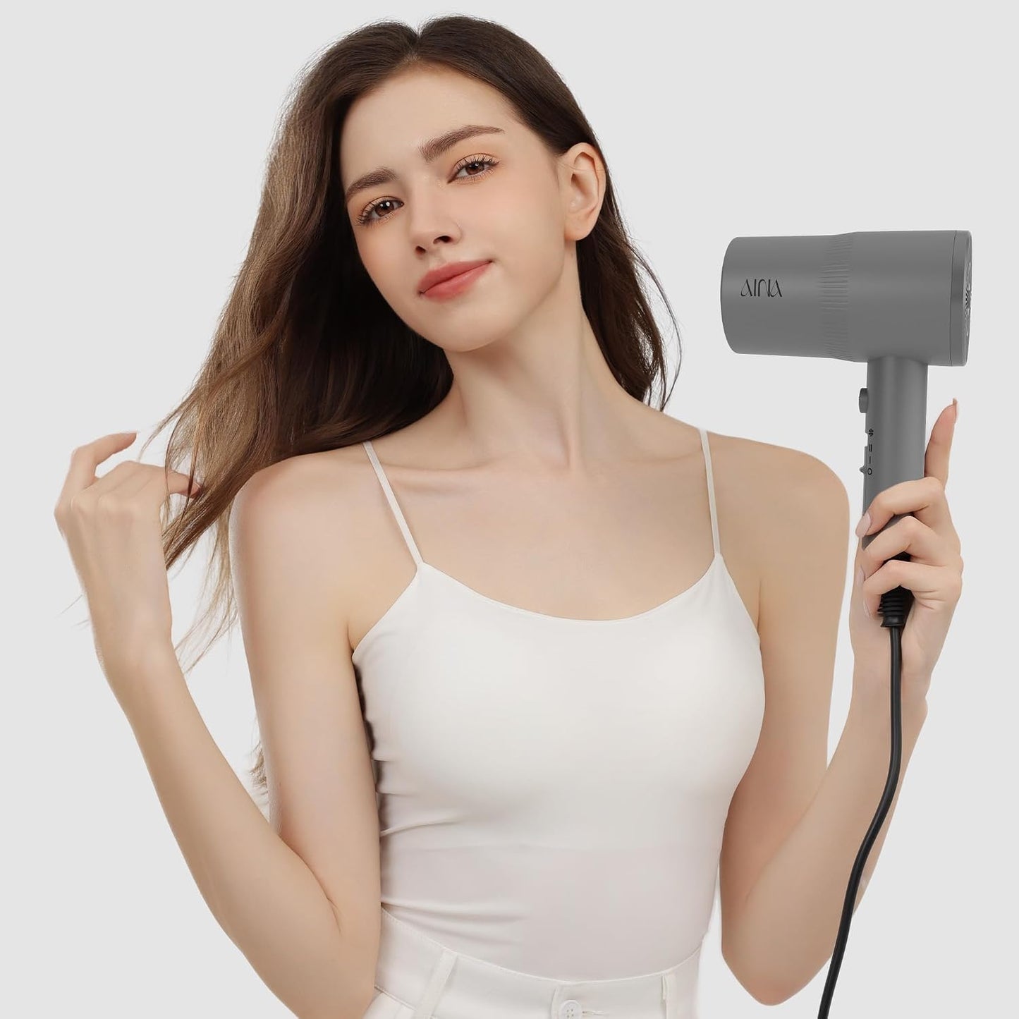 AINA Hair Dryer with Diffuser - Advanced Ionic Technology & Ceramic Coating | Fast Drying & Shine 110V/Ash Grey